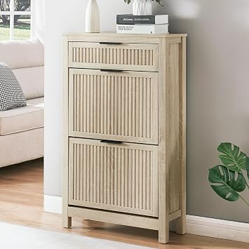 2-Flip Drawer Shoe Cabinet Narrow Entryway Rack, Oak | Vertical Wood Grain, Metal Handles, Adjustable Compartments, Removable Shelf, Anti-Tip Device, for Hallway Foyer Entryway