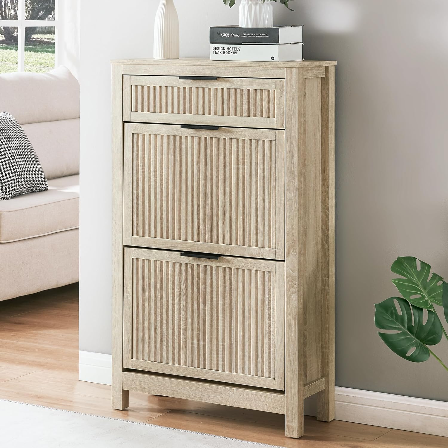 2 Flip Drawers Shoe Cabinet Storage for Entryway, Narrow Shoes Organizer Cabinet for Front Door Entrance, Free Standing Hidden Wooden Hallway Shoe Rack(Oak)