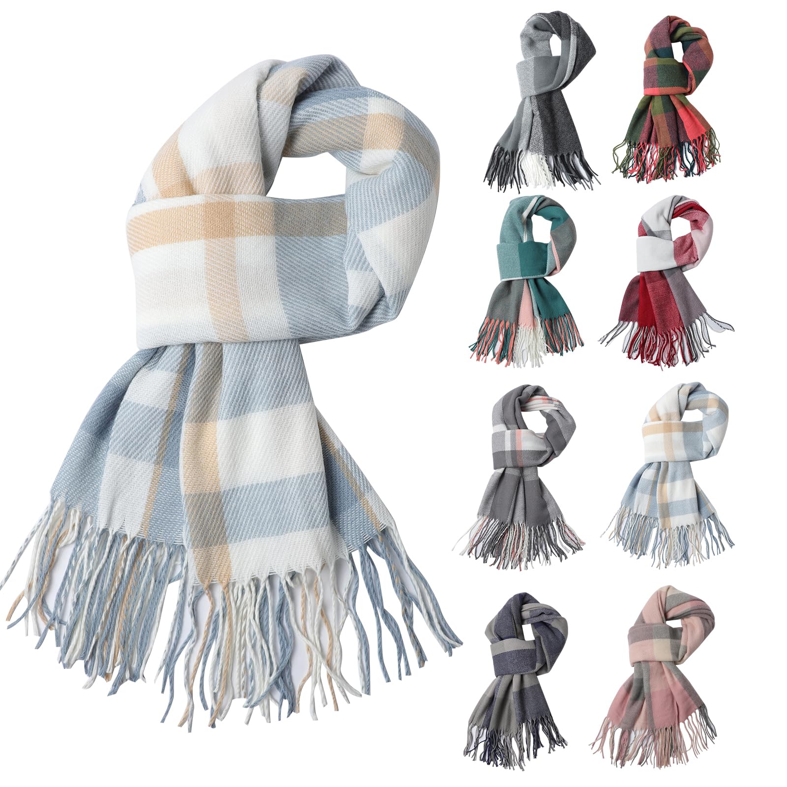 Fjquamitix Women's Blue + Off-White Tartan Cashmere Scrarf, Scarves Wraps Winter Long Soft Warm Tassel Shawls Stole Gifts For (Blue + Off-White)