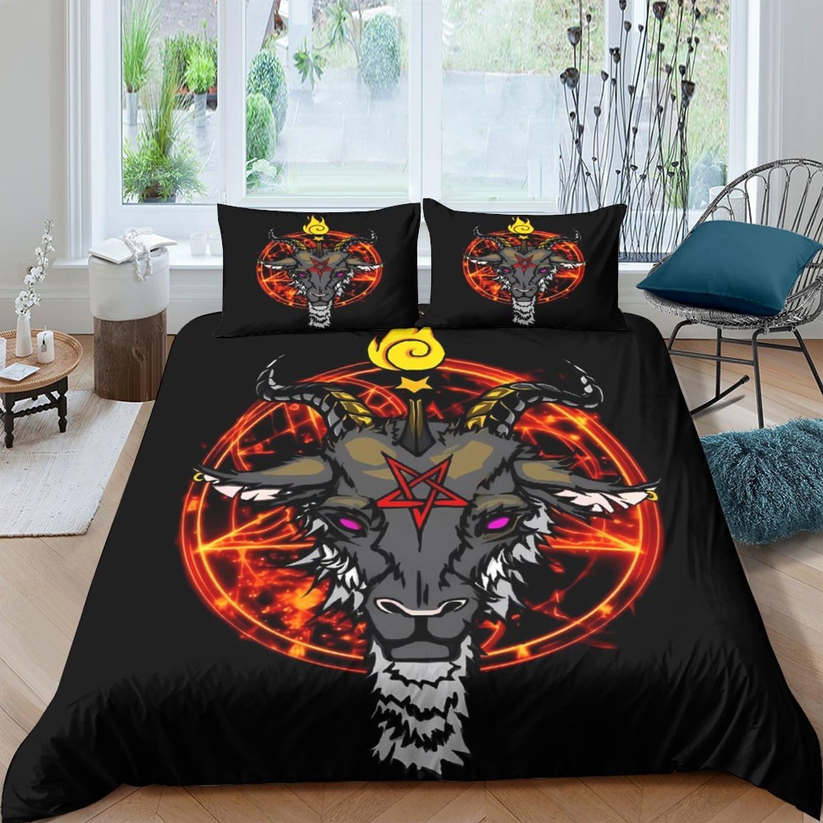 Ctjqhvkz Style-1 3D Printed Demon Goat Fitted Sheet Microfiber Black Fire Sigil Mattress Cover Anti-Slip For Bedroom Dorm Decor Single（135X200cm）