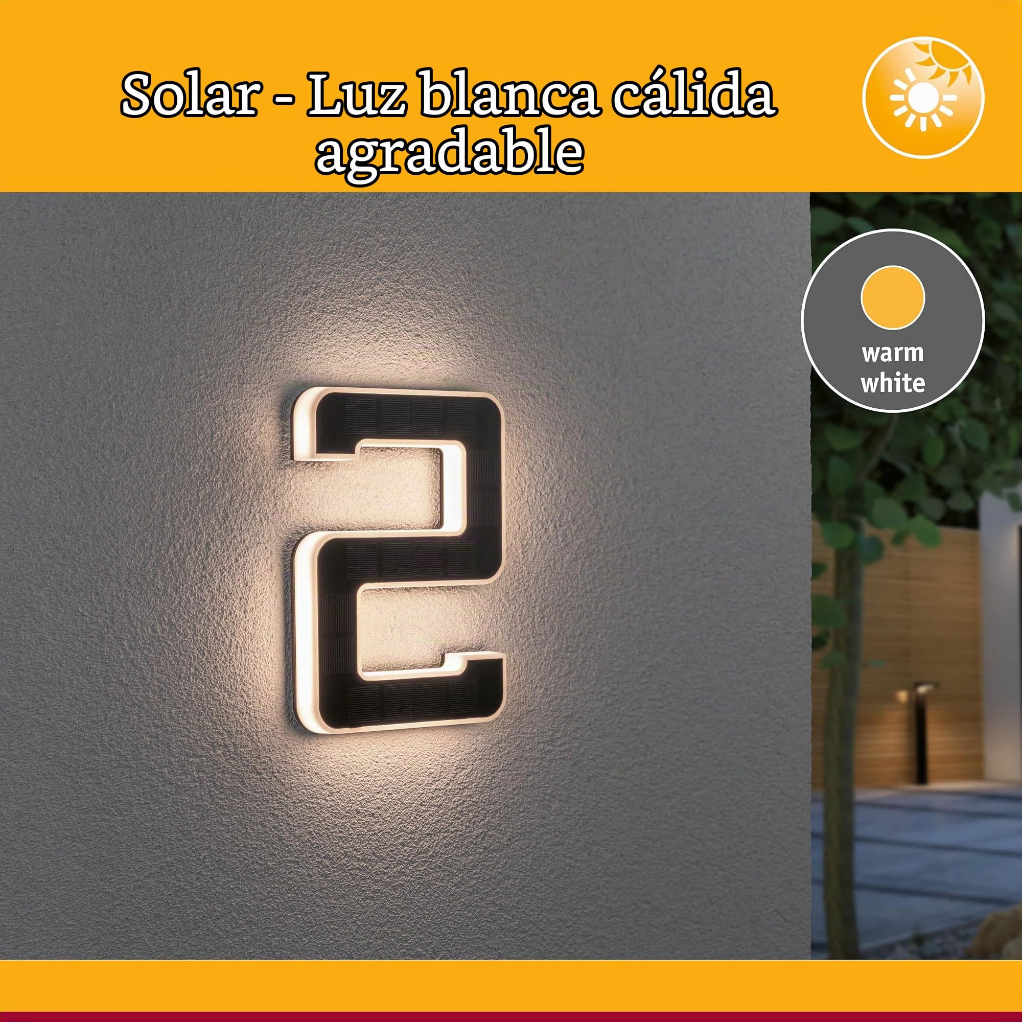 Paulmann 79843 Número de casa 2 LED Solar IP44, blanco cálido, batería intercambiable incl. 1x0,2 W, luminaria solar, negro, lámpara solar, plástico, luz solar 3000 K