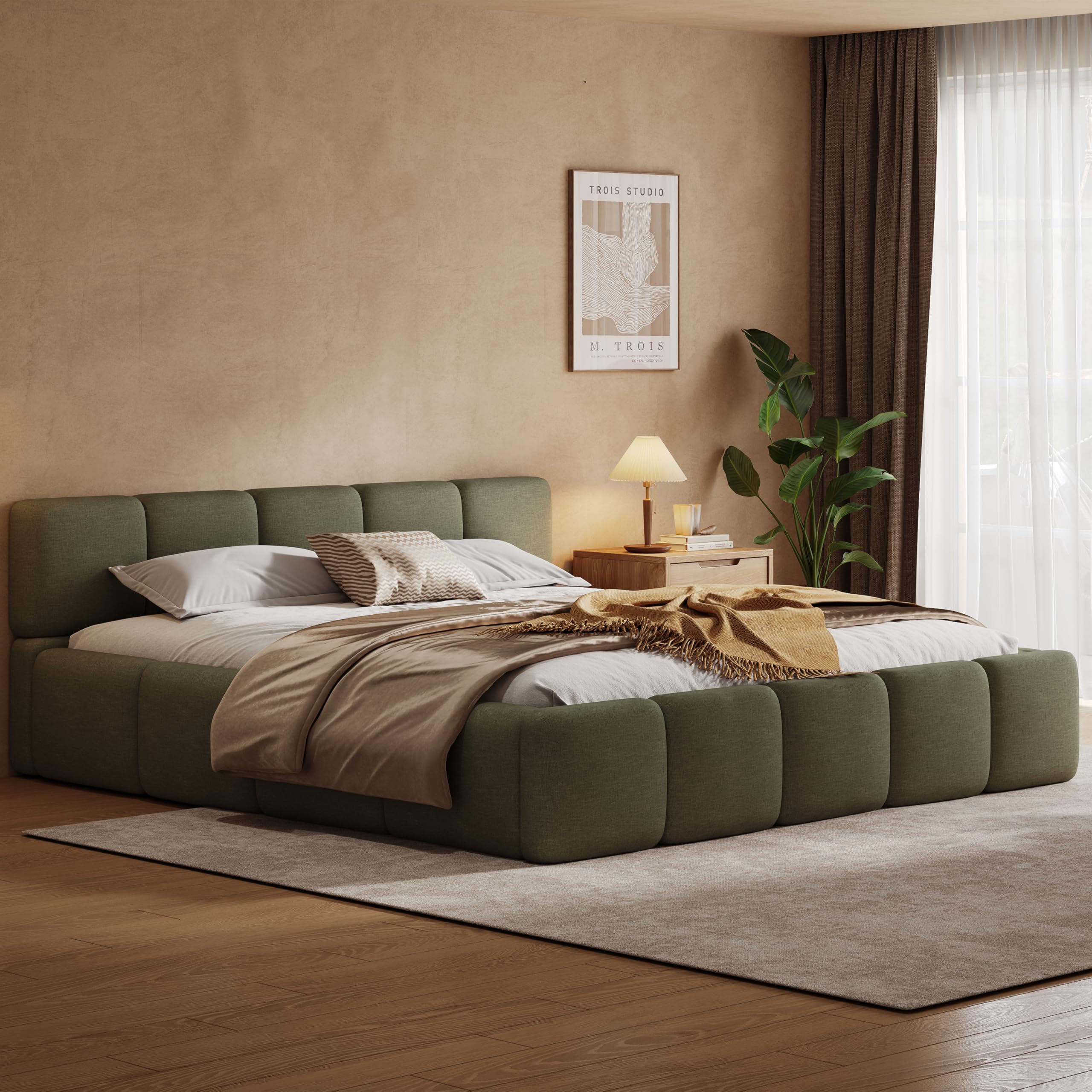 Merax California King Size Boucle Platform Bed with Thick Headboard and Footboard, Block Style Upholstery Floor Bed Frame, Green