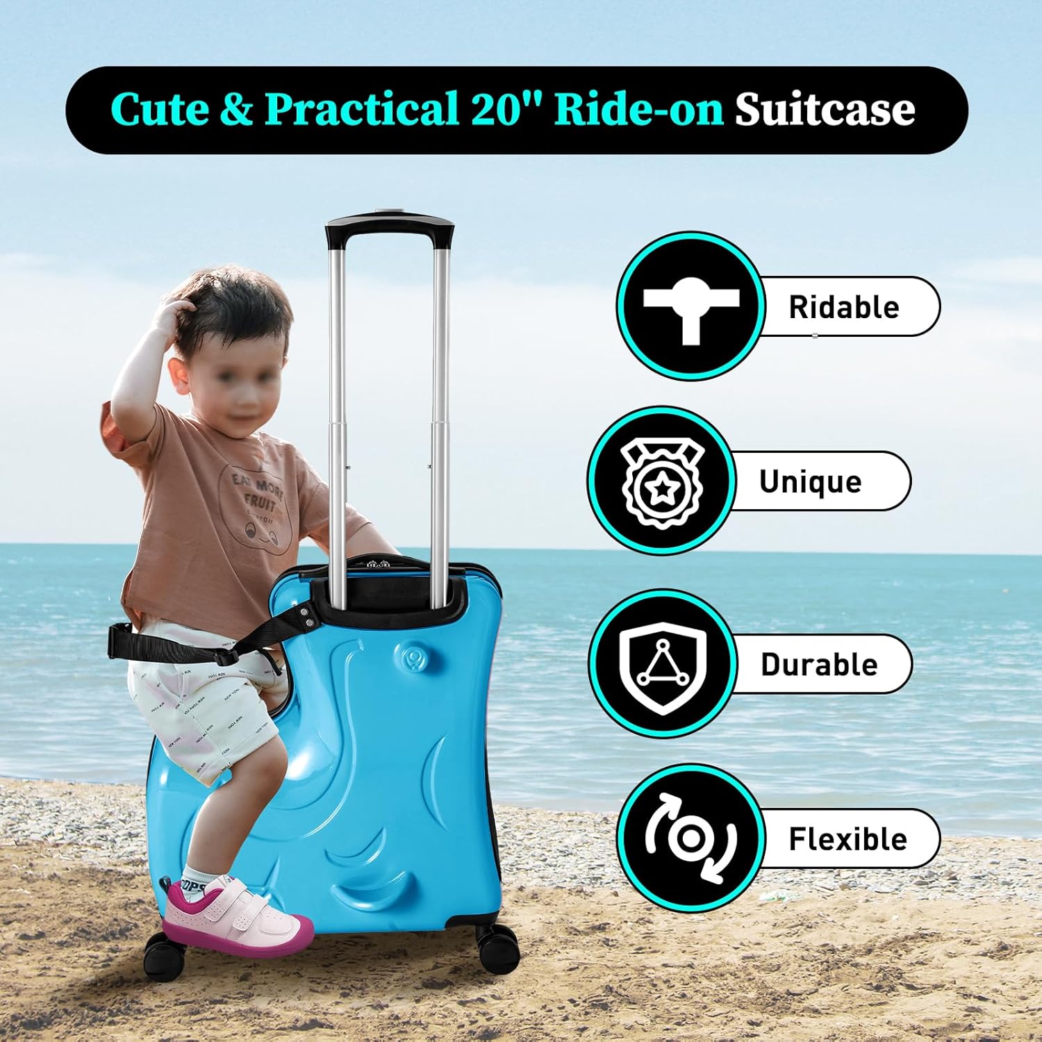 20 Inch Children's Universal Trolley, Portable Kids Ride-on Travel Suitcase with Password Lock, Soft Handle Luggage with Wheels Blue