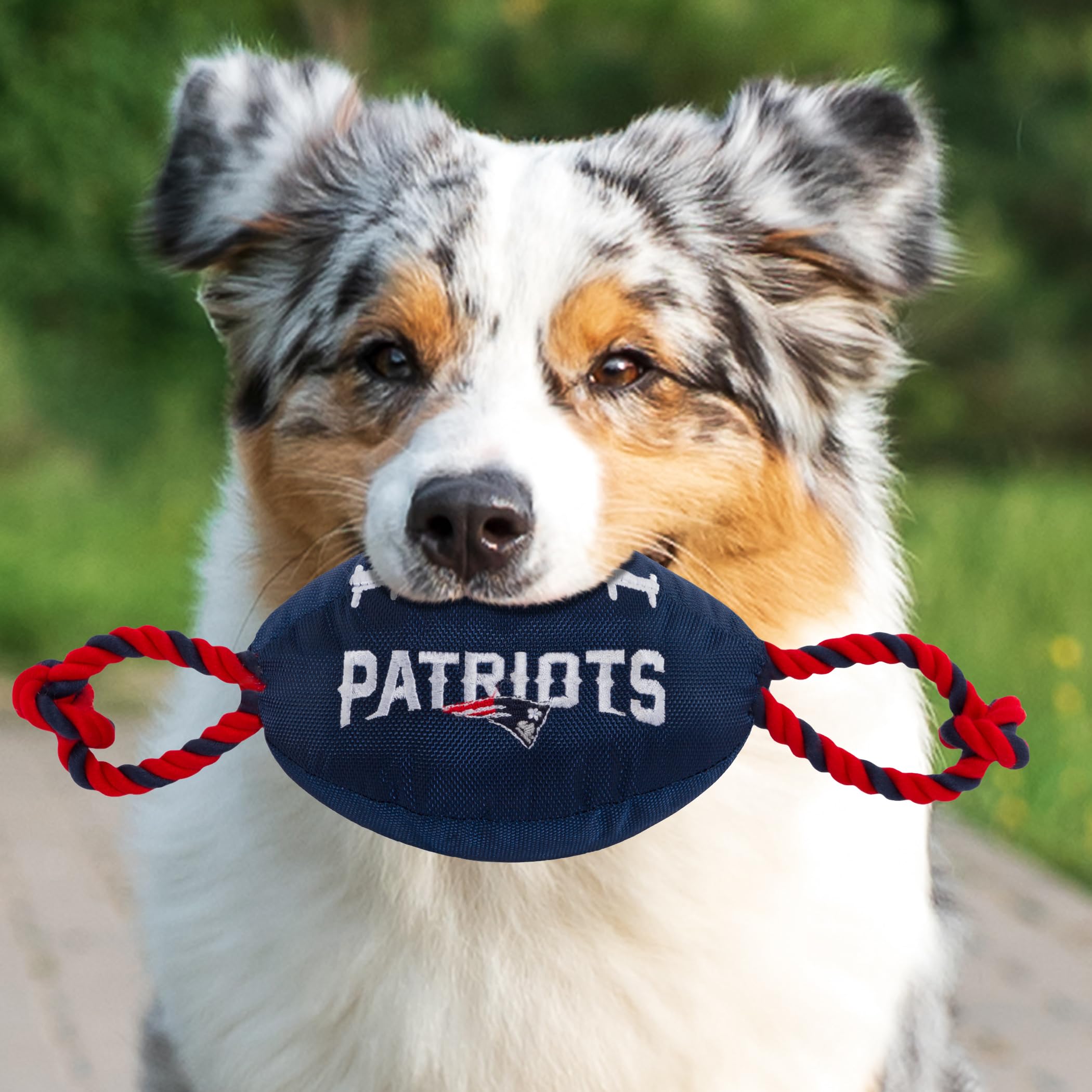 Pets First NFL NEW ENGLAND PATRIOTS Nylon Football Dog Toy with inner SQUEAKER & Pull Ropes PET SPORTS TOY - Image 2
