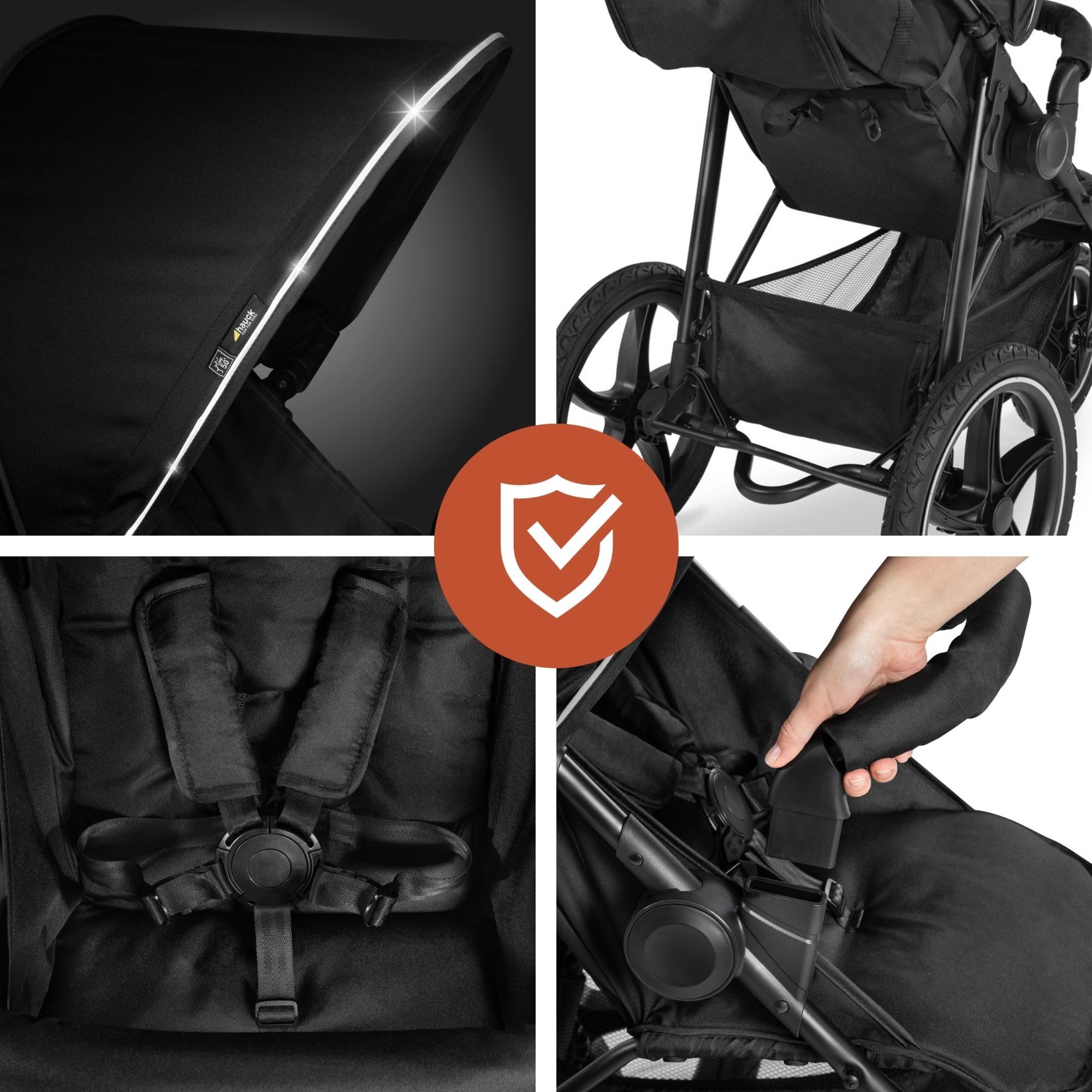 hauck Poussette 3 Roues Runner 2 Tout Terrain avec Grandes Roues Gonflables, Suspension, UV 50+, Position Allongée, Fenêtre XL, Guidon Réglable, Pliable, Jusqu’à 22 kg, Noir