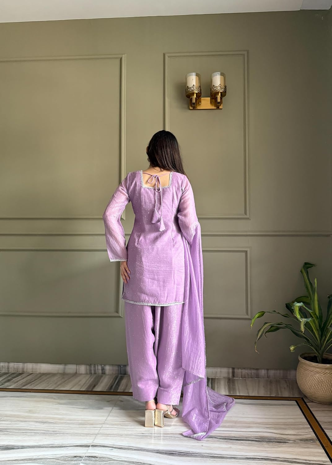 Radhikarani Indian Style Kurta Pant Set for Women in Crunchy Silk with Siroski Work Dupatta