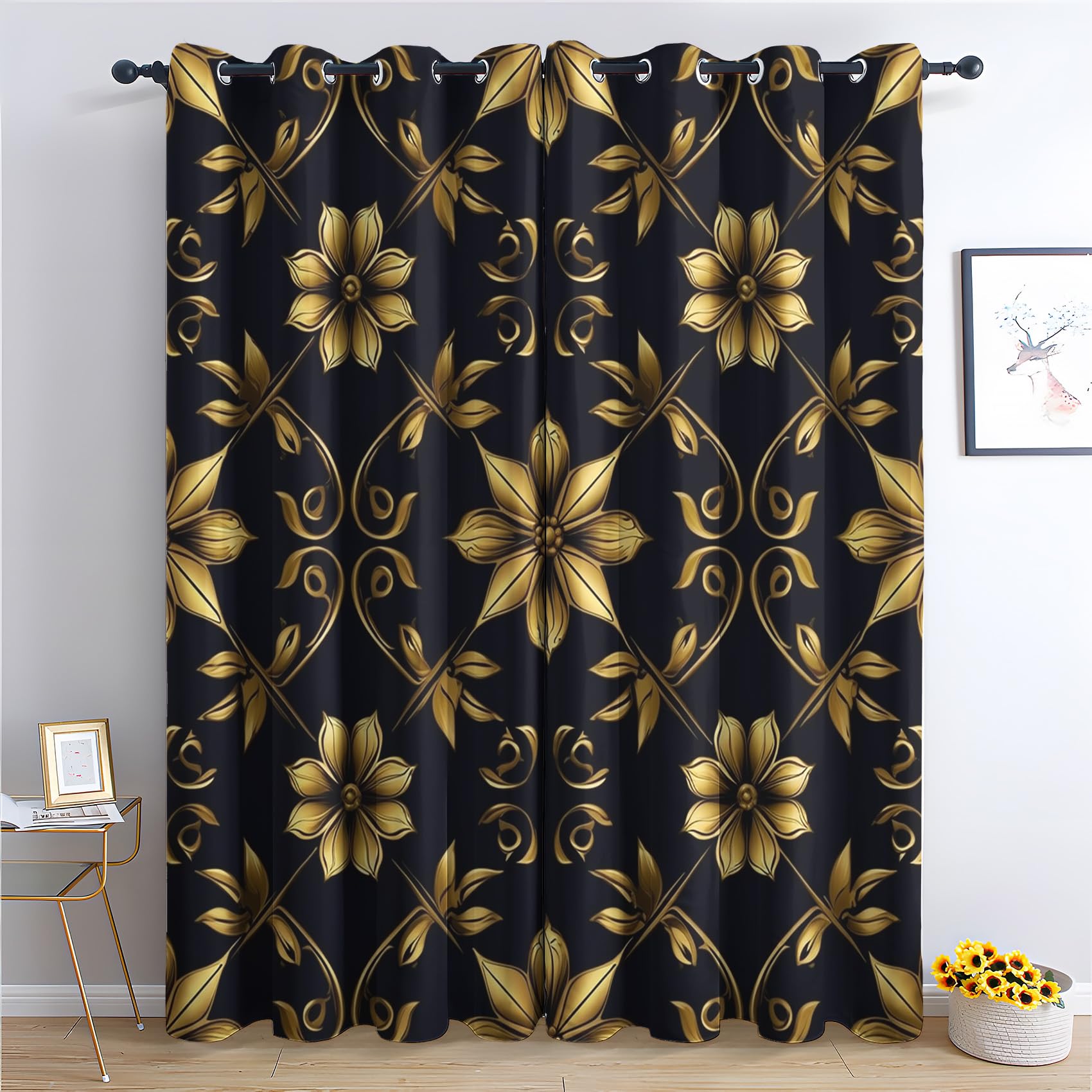Black and Gold Curtains for Bedroom Living Room - Abstract Floral Blackout Curtains 46 x 54 Inch (Width x Drop), Thermal Insulated Eyelet Curtains & Drapes, Decorative Patterned Window Treatments