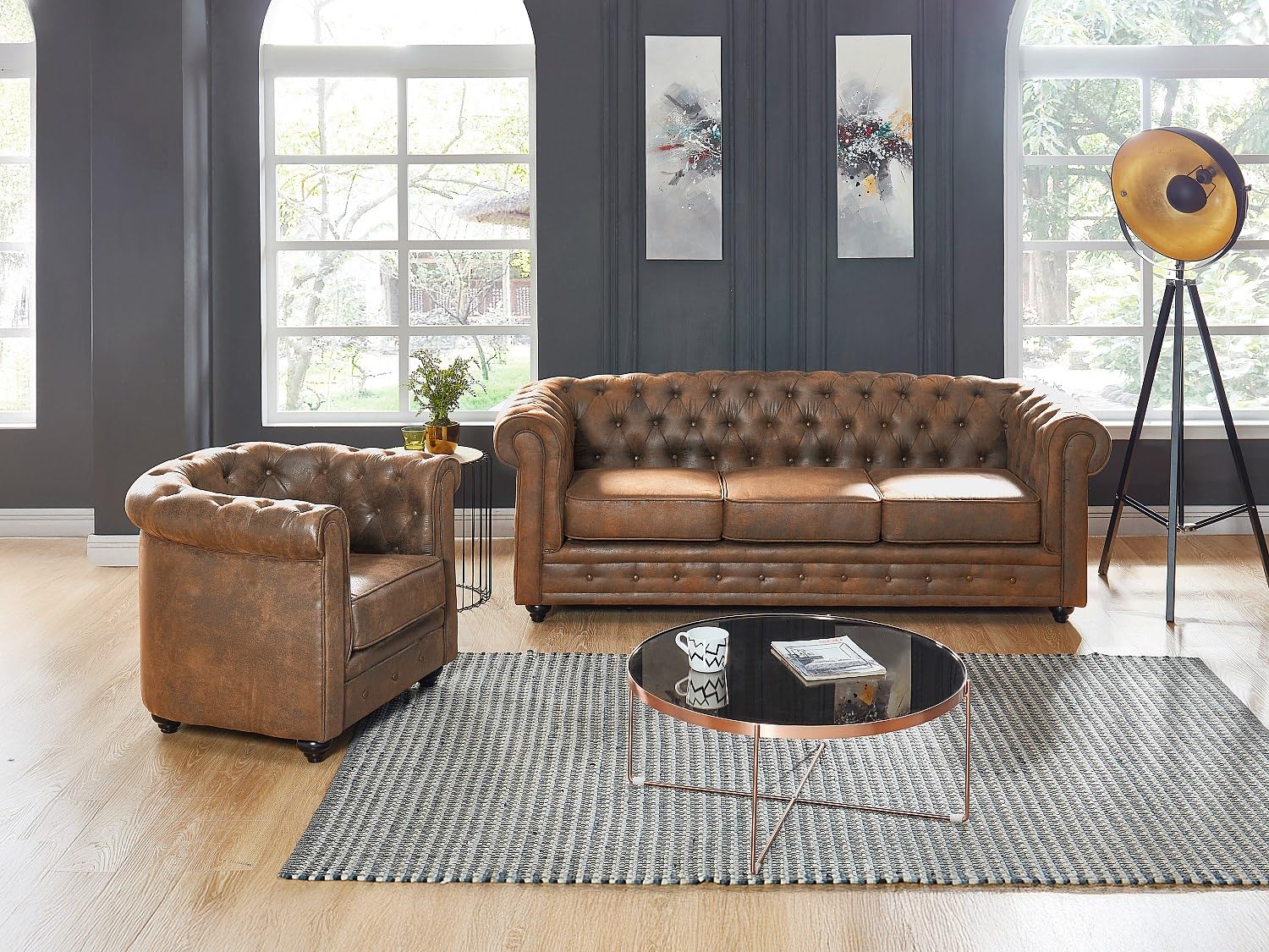 Vente-unique - Set divano e poltrona 4 posti Chesterfield - microfibra - marrone
