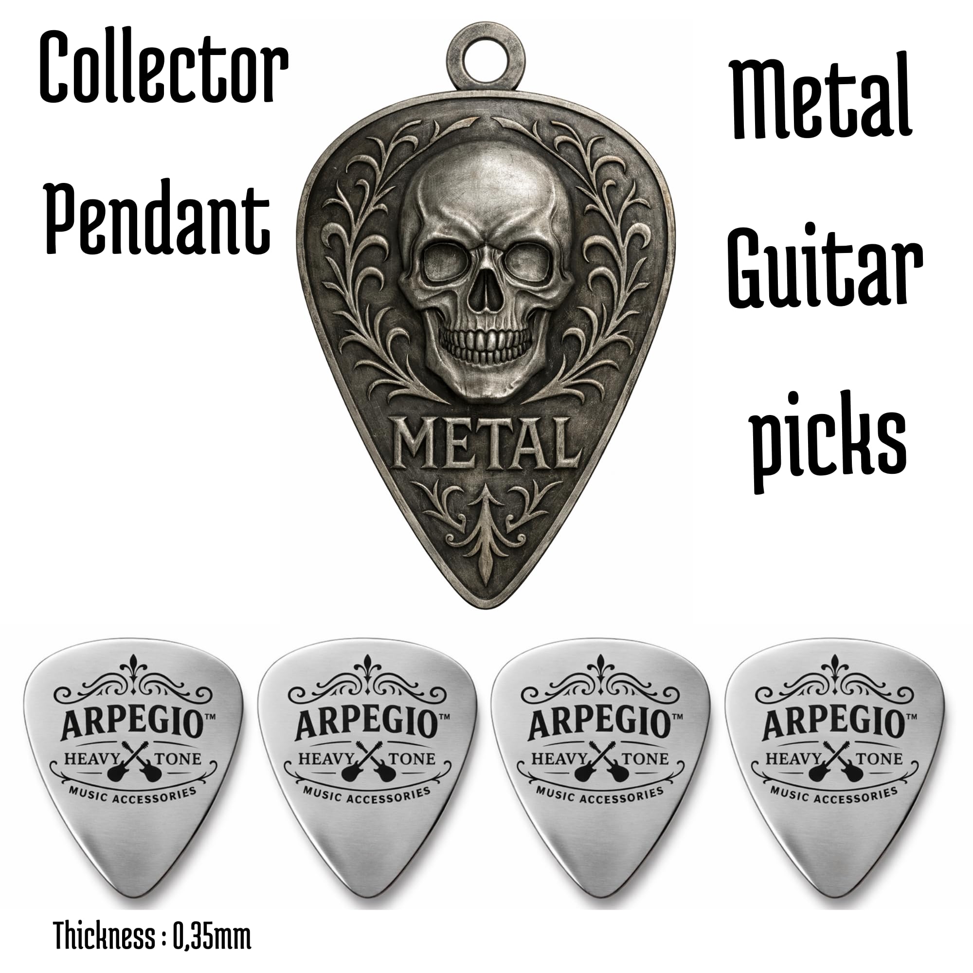 Juego de púas de guitarra con caja de madera natural. Incluye legendarias púas de bandas, púas de metal, colgante de coleccionista de metal y paños de microfibra. Accesorios perfectos para guitarra