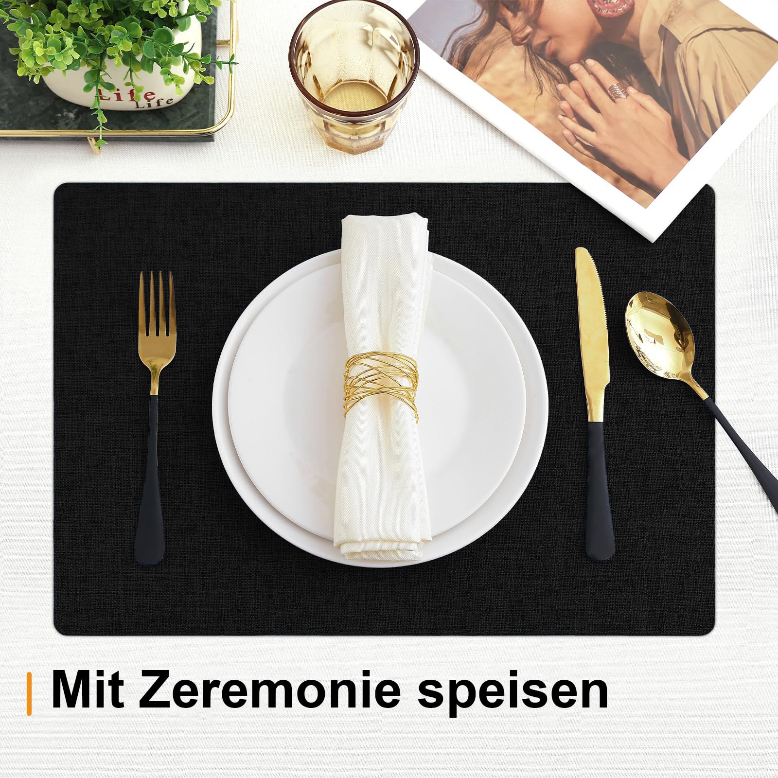 Homaxy zestaw podkładek na stół, 6 sztuk, zmywalne, płócienne, odporne na wysokie temperatury, antypoślizgowe, podkładki dwustronne, podkładki z tkaniny, kolor czarny