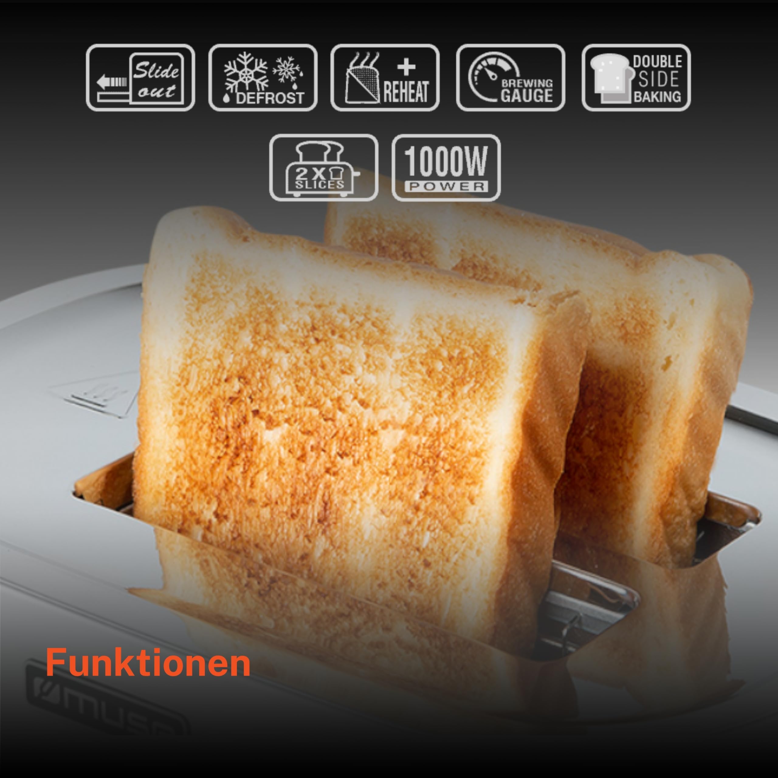 Muse Edelstahl-toaster im schwarzen retro Design, analoge Anzeige, beleuchtete Tasten, 6 Bräunungsstufen, 2 Scheiben, MS-130 BC, Vintage Look, mit Krümelschublade