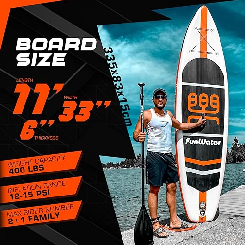 Miniatura 2 de FunWater Stand Up tabla de Paddle inflable de 11 x 33 x 6 pulgadas ultra liviana 204 libras con accesorios ISUP 3 aletas remo ajustable bomba