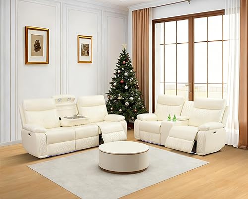 Miniatura 12 de Juego de 3 piezas para sala de estar, sofá reclinable eléctrico de cuero con puertos USB, iluminación LED y portavasos, asientos de cine en casa