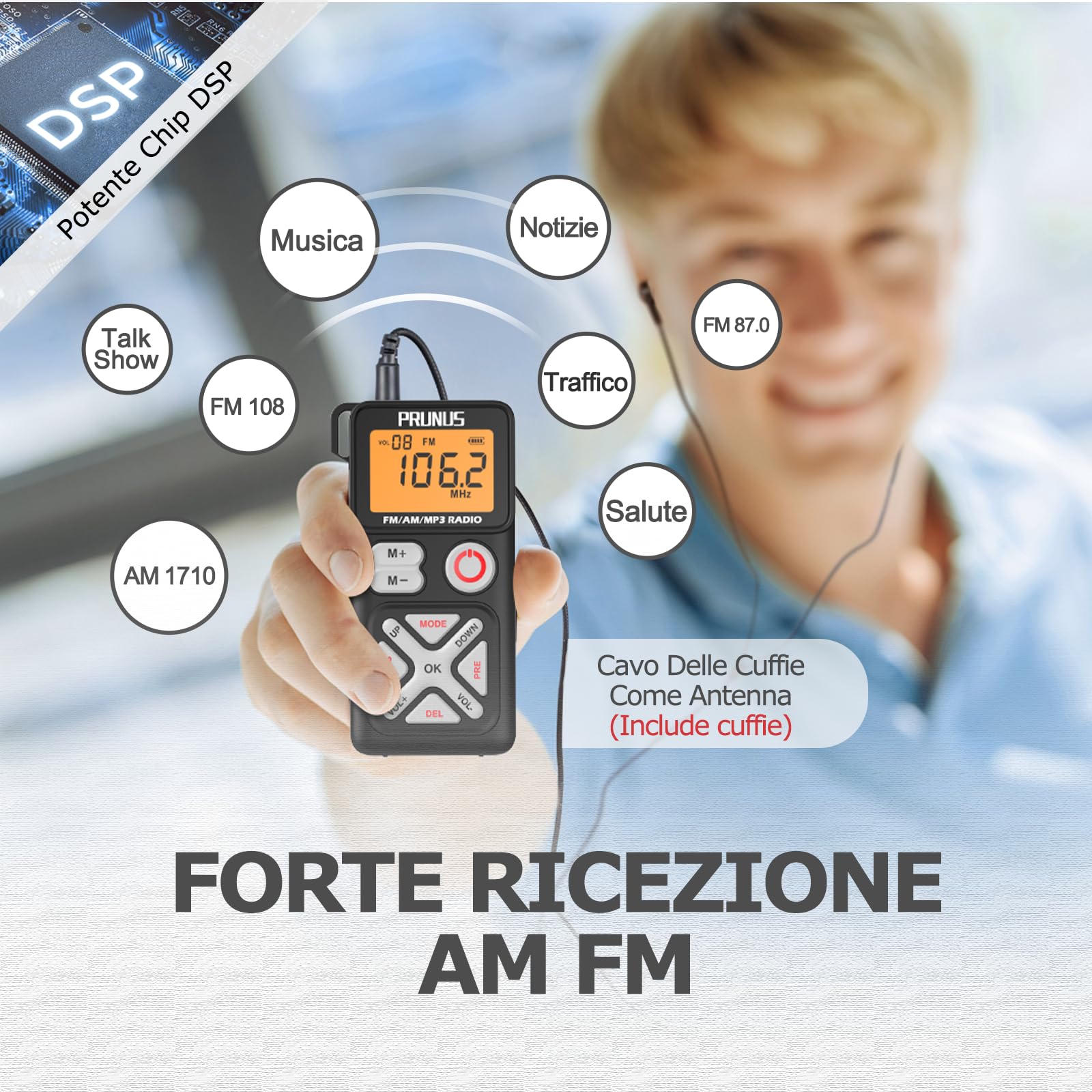 PRUNUS J-988 Mini Radio Portatile AM/FM, Radiolina Ricaricabile con Display LCD, Cuffie e Clip, Radio Tascabile con Supporto TF per Pesca, Corsa e Camminate.
