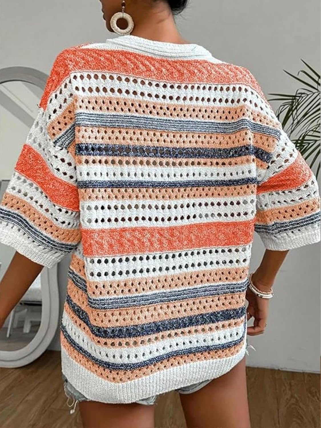 jonivey Womens 3/4 Sleeve V Neck Fall Casual Crochet Knit Sweater Hollow Out Striped Tops Vacation Outfits - Image 6