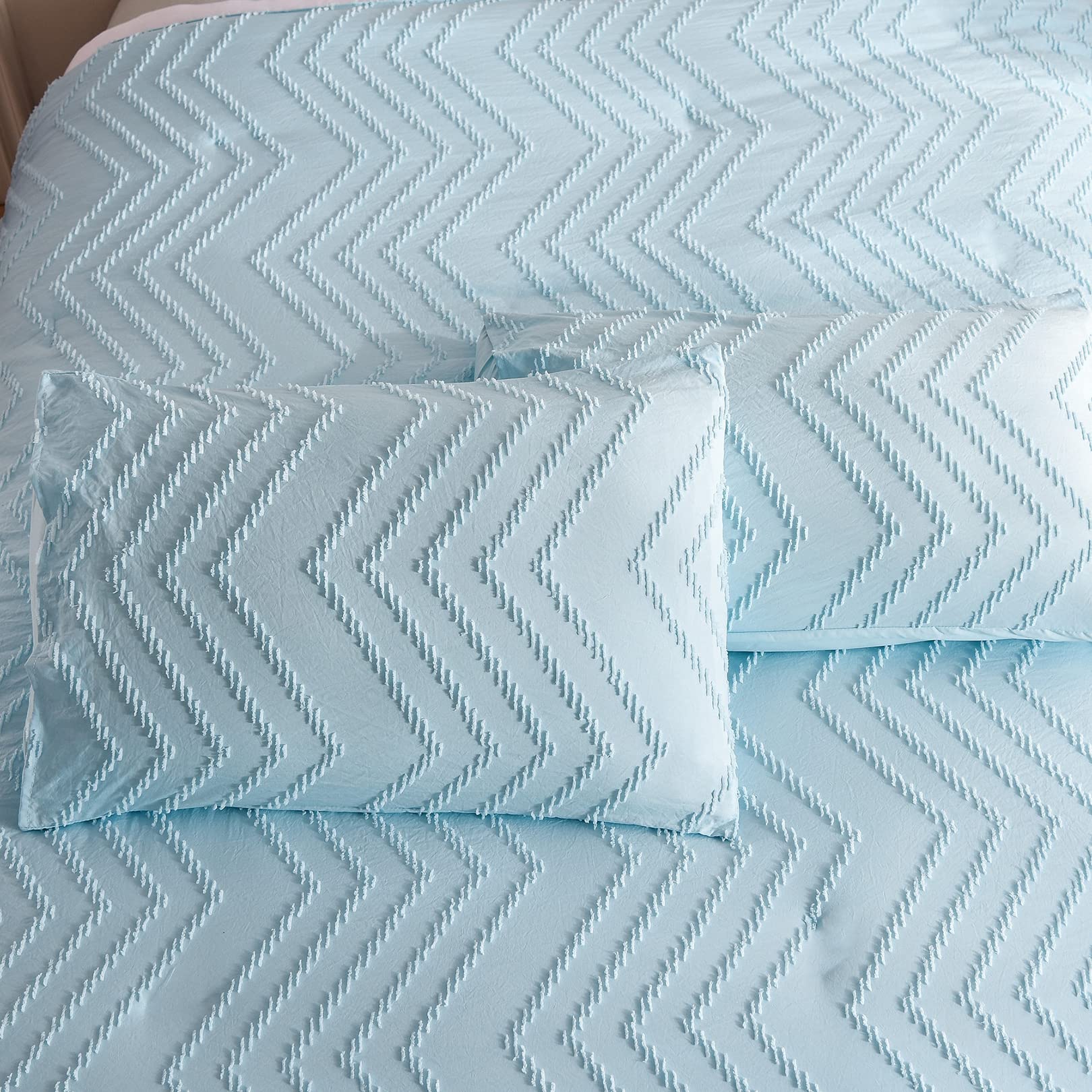 ALEjon Juego de Funda nórdica Plisada Azul con patrón geométrico, 220X240cm - Conjunto de Ropa de Cama de 3 Piezas, Material de Microfibra, Que Incluye 1 Funda nórdica y 2 Fundas de Almohada