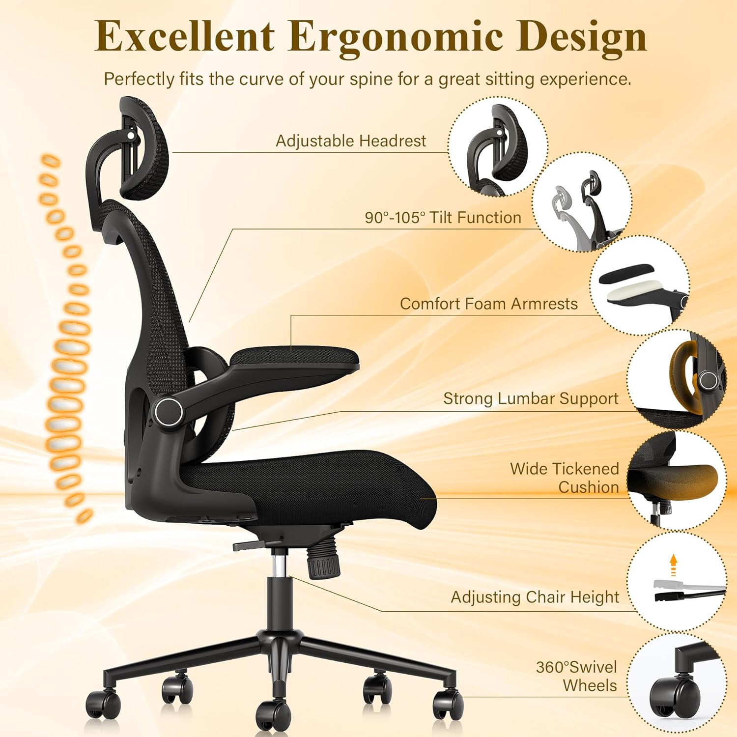 SUNNOW Ergonomic Office Chair, Comfy Mesh Desk Chair, High Back Computer Gaming Chairs with Adjustable Lumbar Support, Flip-Up Arms, Headrest, Tilt Function, Wide Cushion, Swivel Wheel, BIFMA Quality - Image 8
