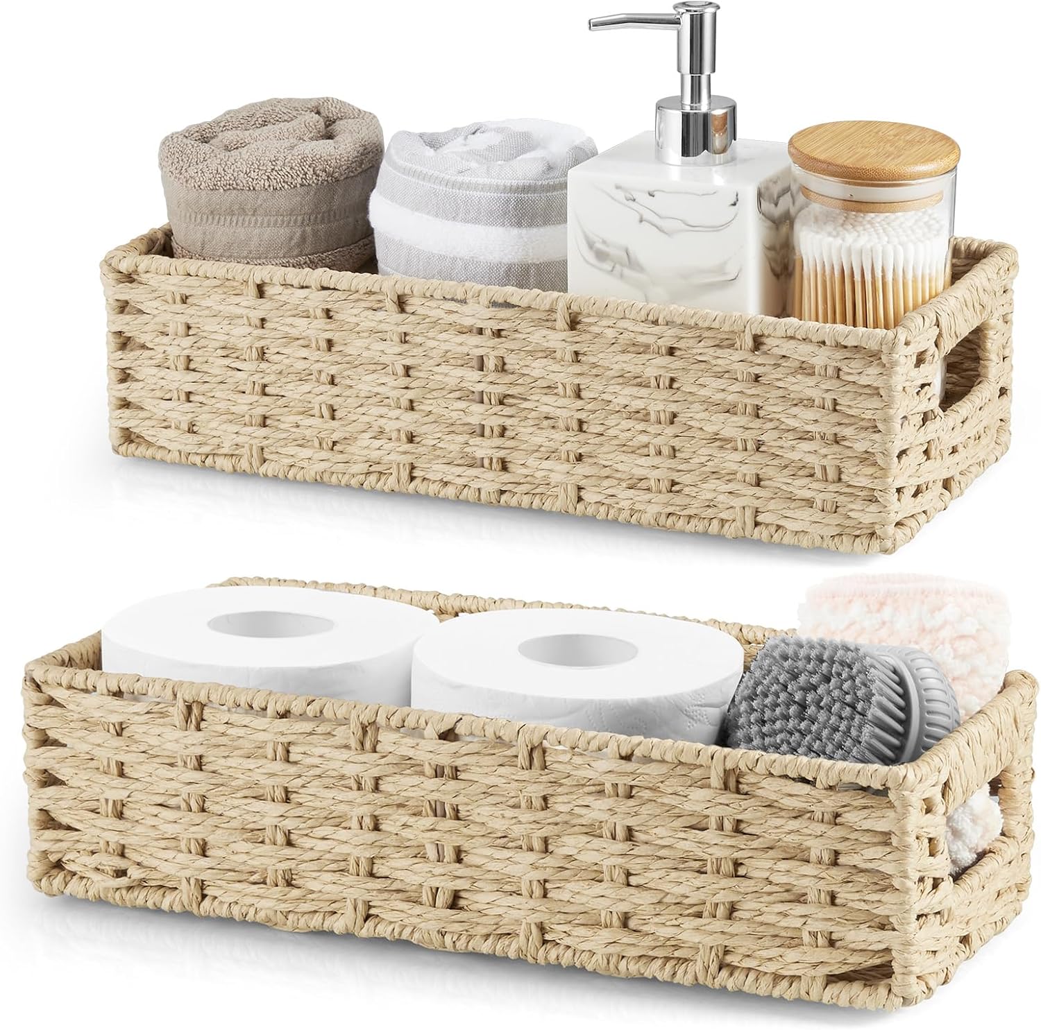dreamkey Set of 2 Wicker Toilet Paper Storage Baskets, Hand-Woven Paper Rope Bathroom Organizer for Toilet Tank Top & Countertop, Decorative Nesting Baskets with Handles, Beige
