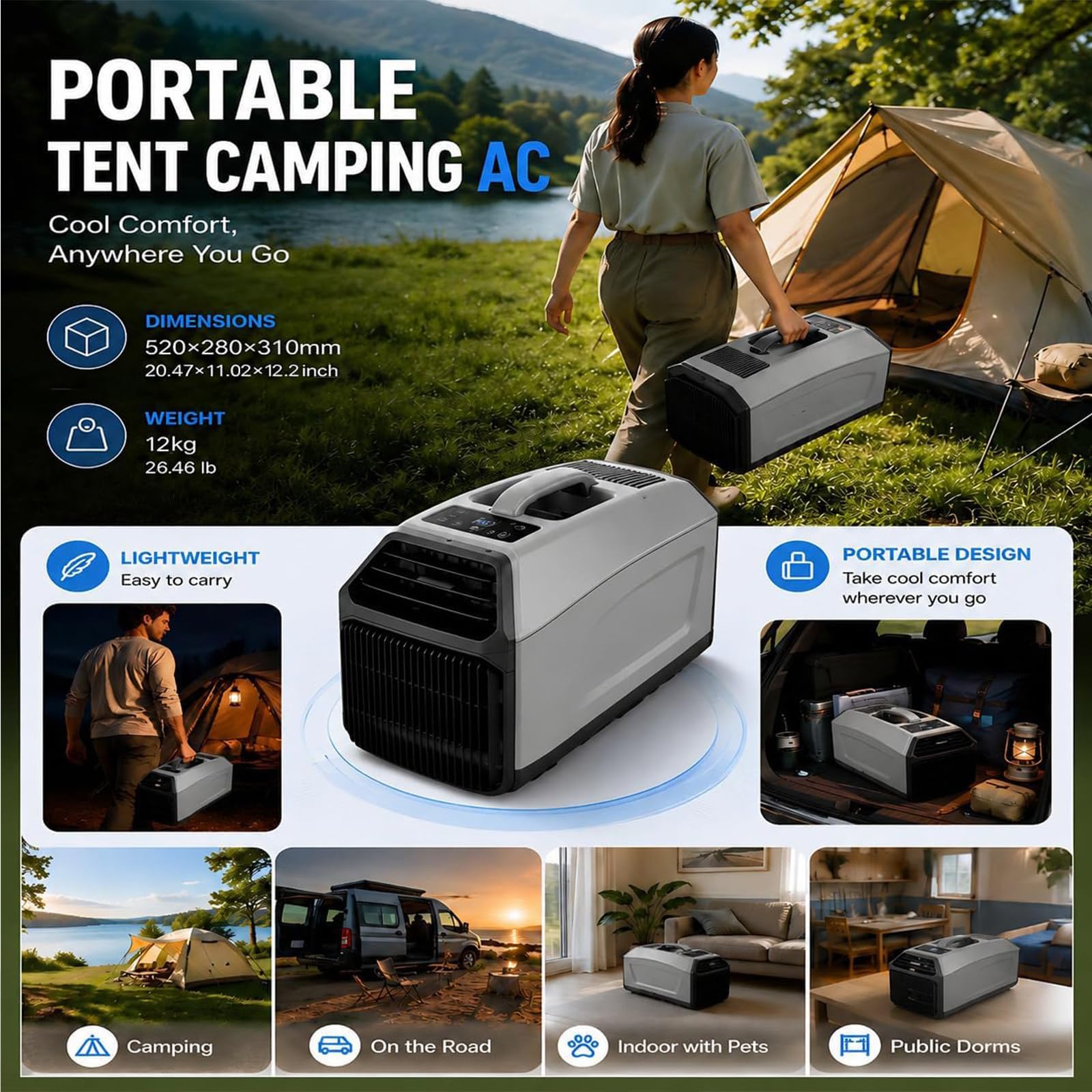 Aire Acondicionado Portátil de 220V para Interior/Exterior 4500BTU | AC para Tienda de Campaña - 4500 BTU / 5100 BTU, 36 dB de Silencio para Furgoneta Camper, Autocaravana, Cabina de Camión