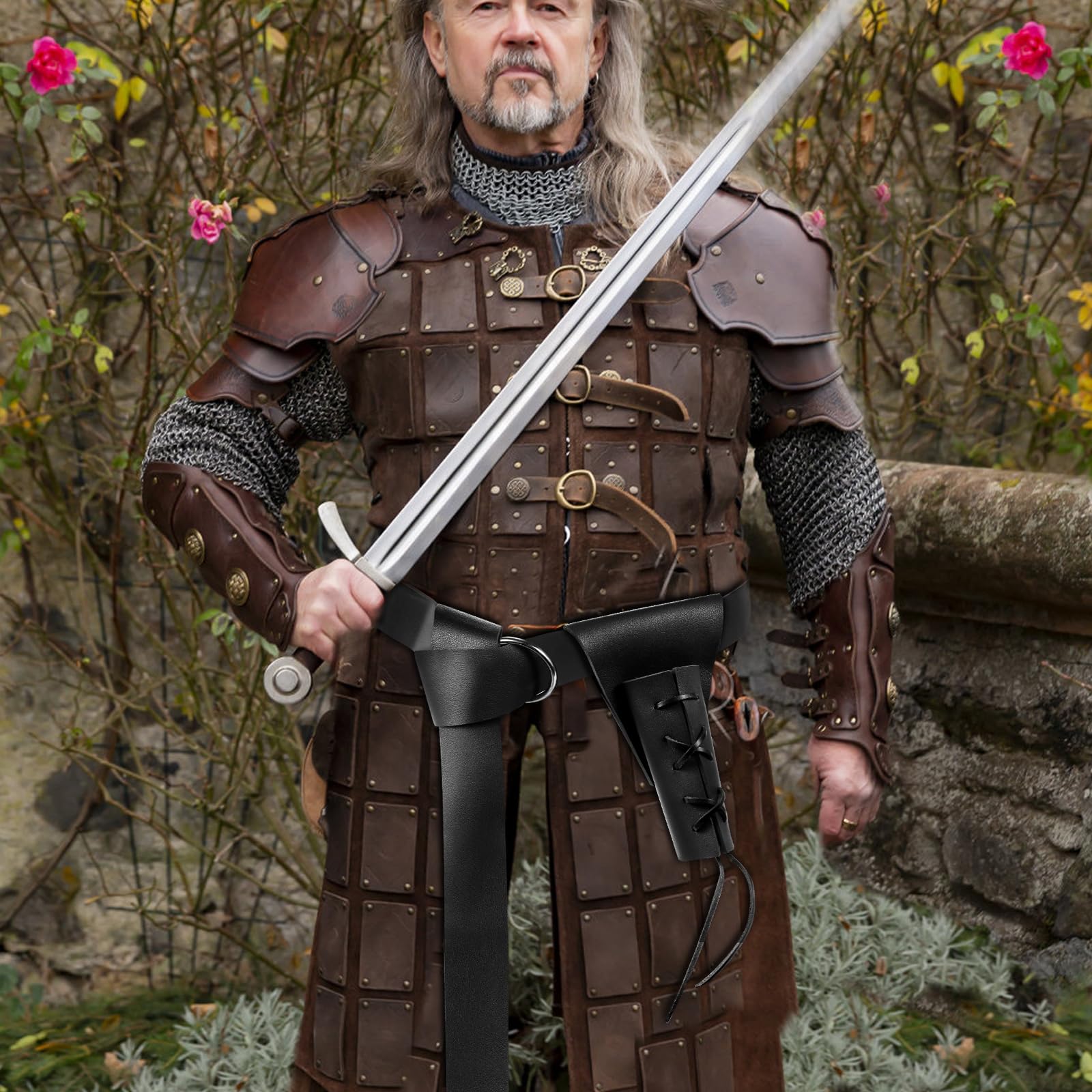 PEUTIER Cintura di Spada Medievale in Pelle con Custodia di Rana Regolabile per Cavaliere Guerriero Pirata Cosplay (nero)
