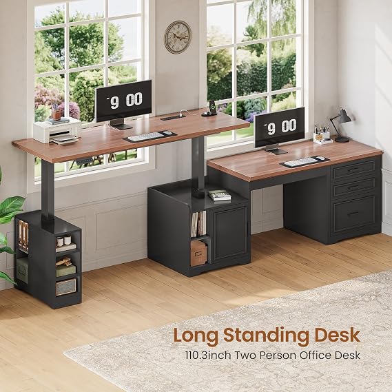 SEDETA Farmhouse L Shaped Electric Standing Desk, 63 x 67 Height Adjustable Office Executive Desk with Drawers and Shelves, Standing Computer Desks with Power Outlet for Home Office, Black+Brown