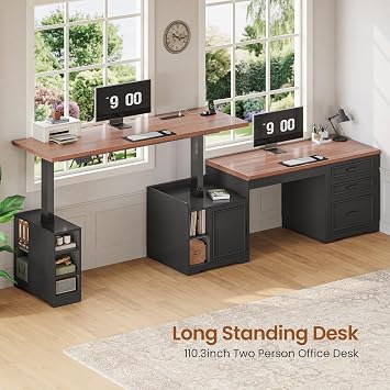SEDETA Farmhouse L Shaped Electric Standing Desk, 63 x 67 Height Adjustable Office Executive Desk with Drawers and Shelves, Standing Computer Desks with Power Outlet for Home Office, Black+Brown