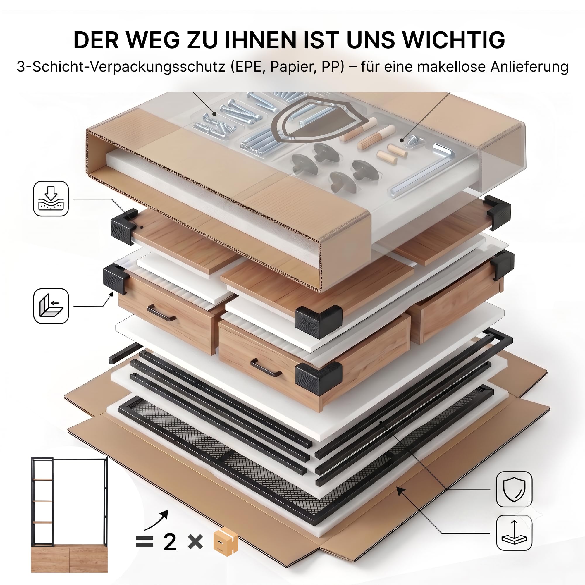 Offener Kleiderschrank System 120x180cm – Schmaler Kleiderständer 40cm Tiefe mit 2 großen Schubladen, Stabiler Garderobenständer Metall & MDF in Holz-Optik, Schwarz/Natur