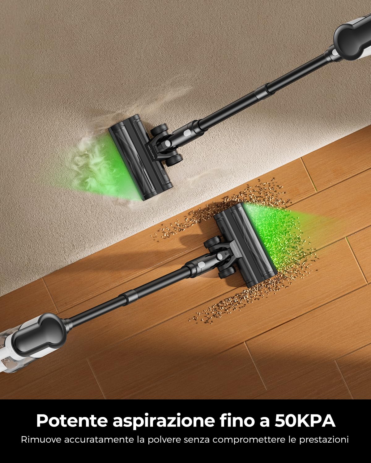 VACTechPro 550W/50Min/50KPA Aspirapolvere Senza Fili F02 Lite, Scopa Elettrica Senza Fili con Sistema di Filtraggio a 8 Strati, Aspirapolvere Senza Fili Potente per Pavimenti/Tappeti, Bianco E Nero