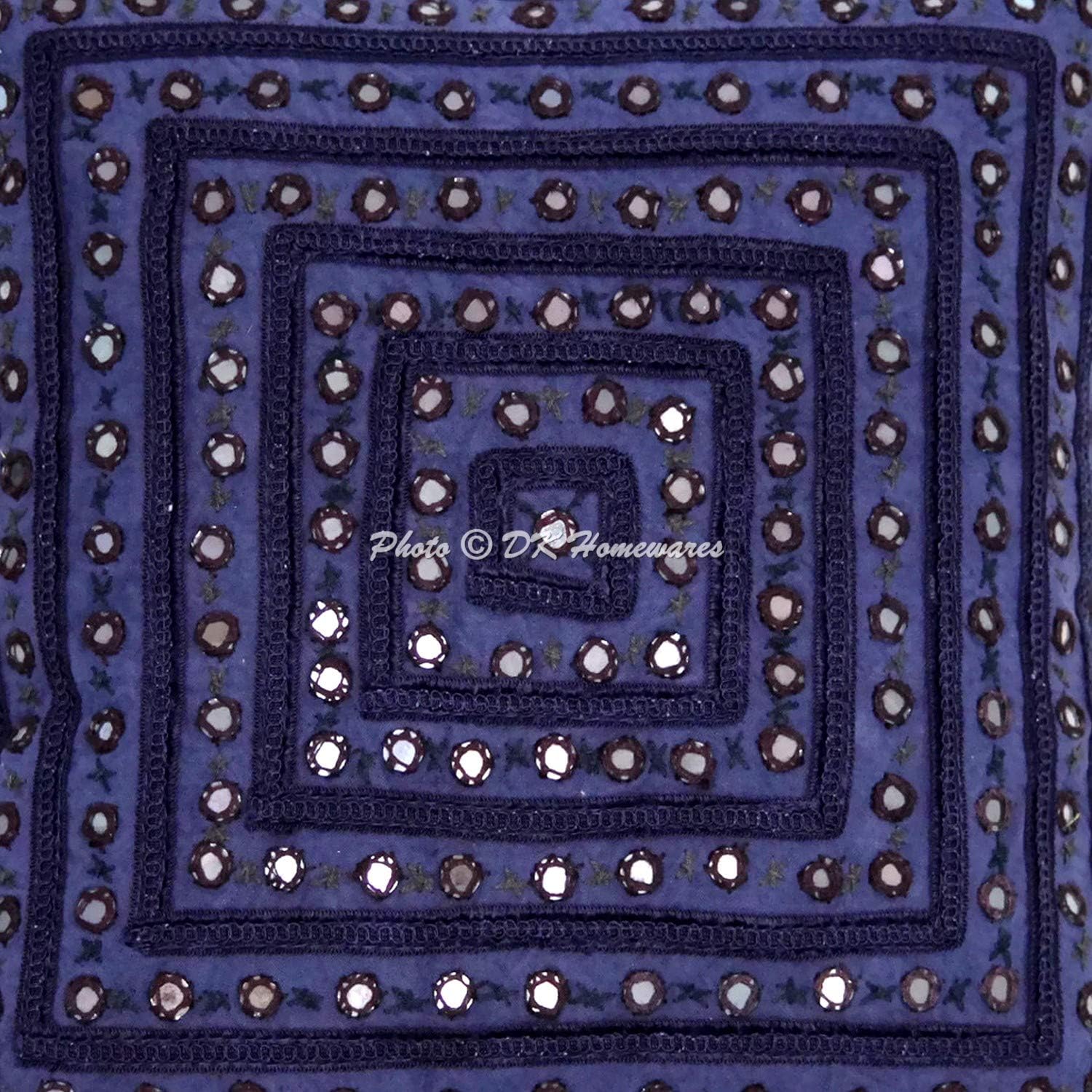 Bohemian Decorative Toss Throw Pillowcases 16x16 Inch Cotton Mirrored Embroidered Indian Square Accent Cushion Covers (Size - 40x40 cm ; Color: Navy Blue) - Set of 4 Pcs (Cover Only)