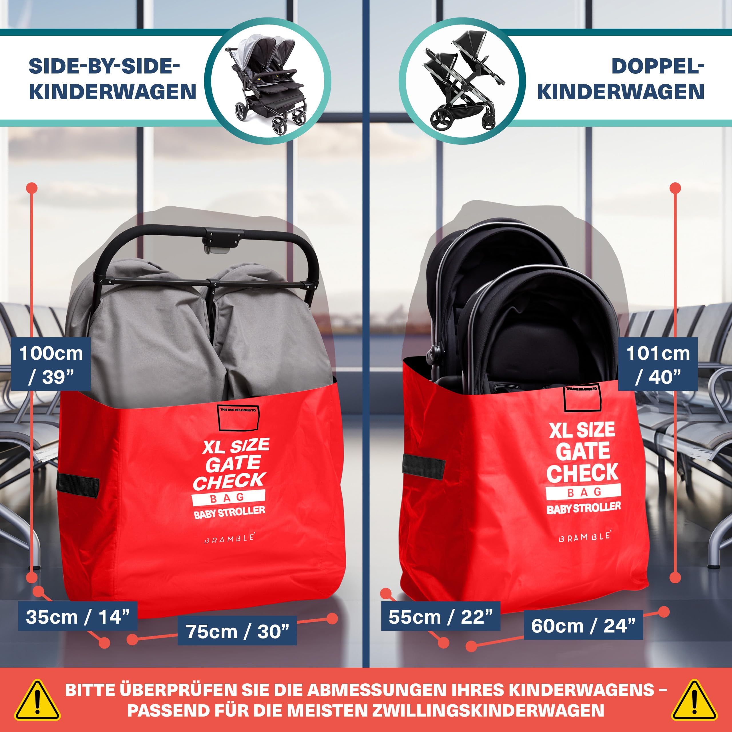 Bramble – XL-Kinderwagentasche fürs Flugzeug – Extra große Kinderwagentasche für Flugreisen – Wasserabweisende Doppel-Kinderwagen-Abdeckung für die Gate-Kontrolle (Rot)