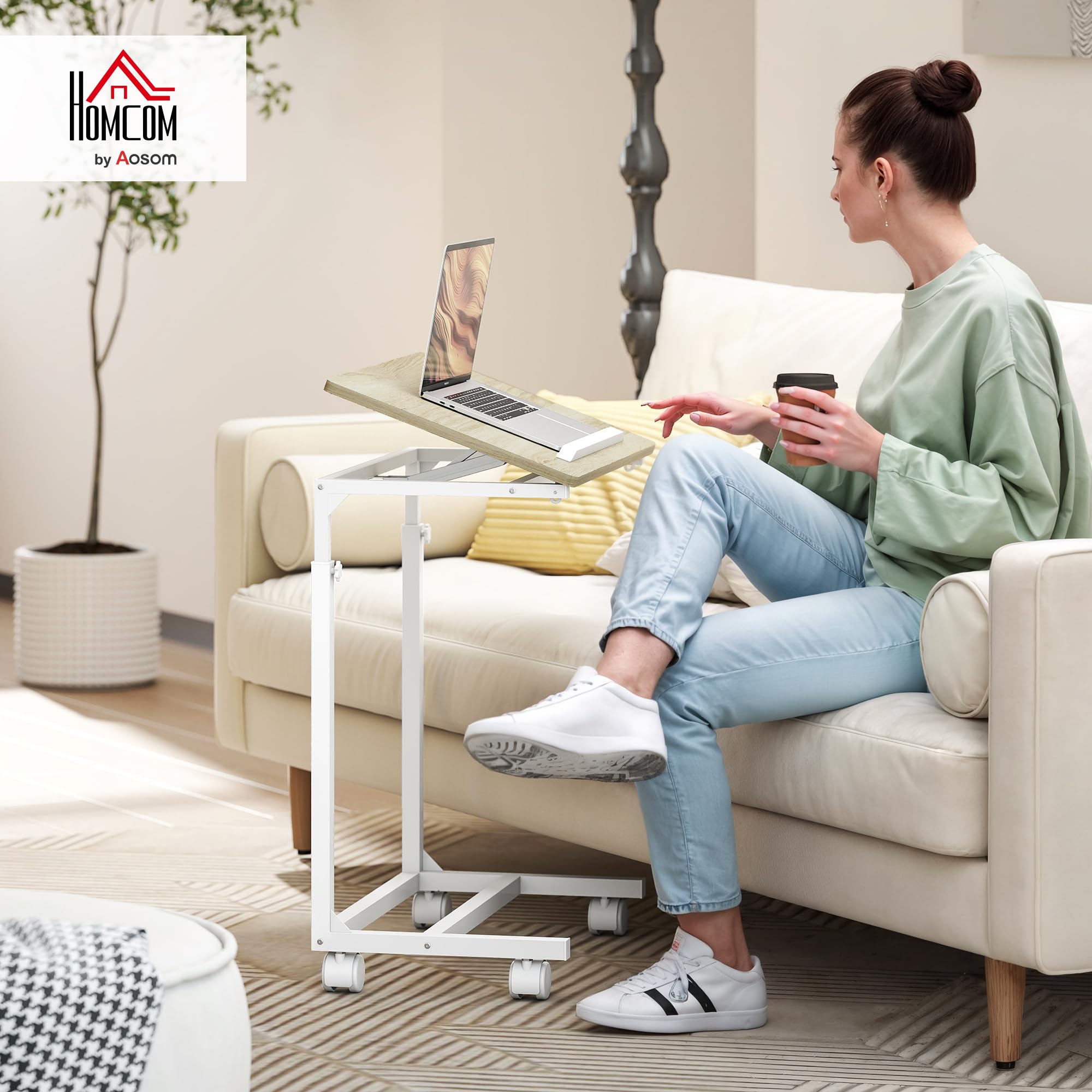 HOMCOM Table d'appoint à roulettes réglable en Hauteur chêne et Blanc