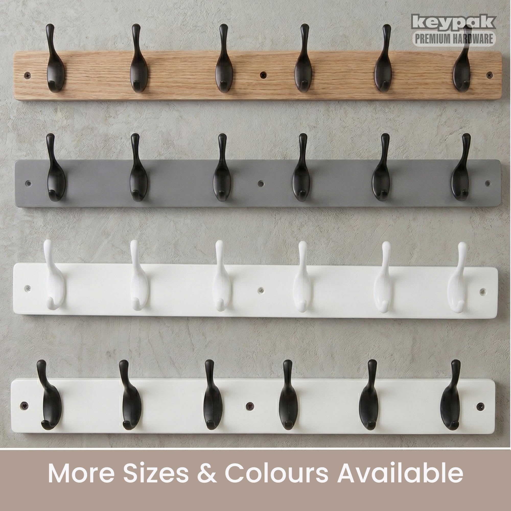 Keypak Perchero moderno de pared, 6 ganchos blancos brillantes sobre base de madera blanca de 68 cm, premontado y fijaciones incluidas