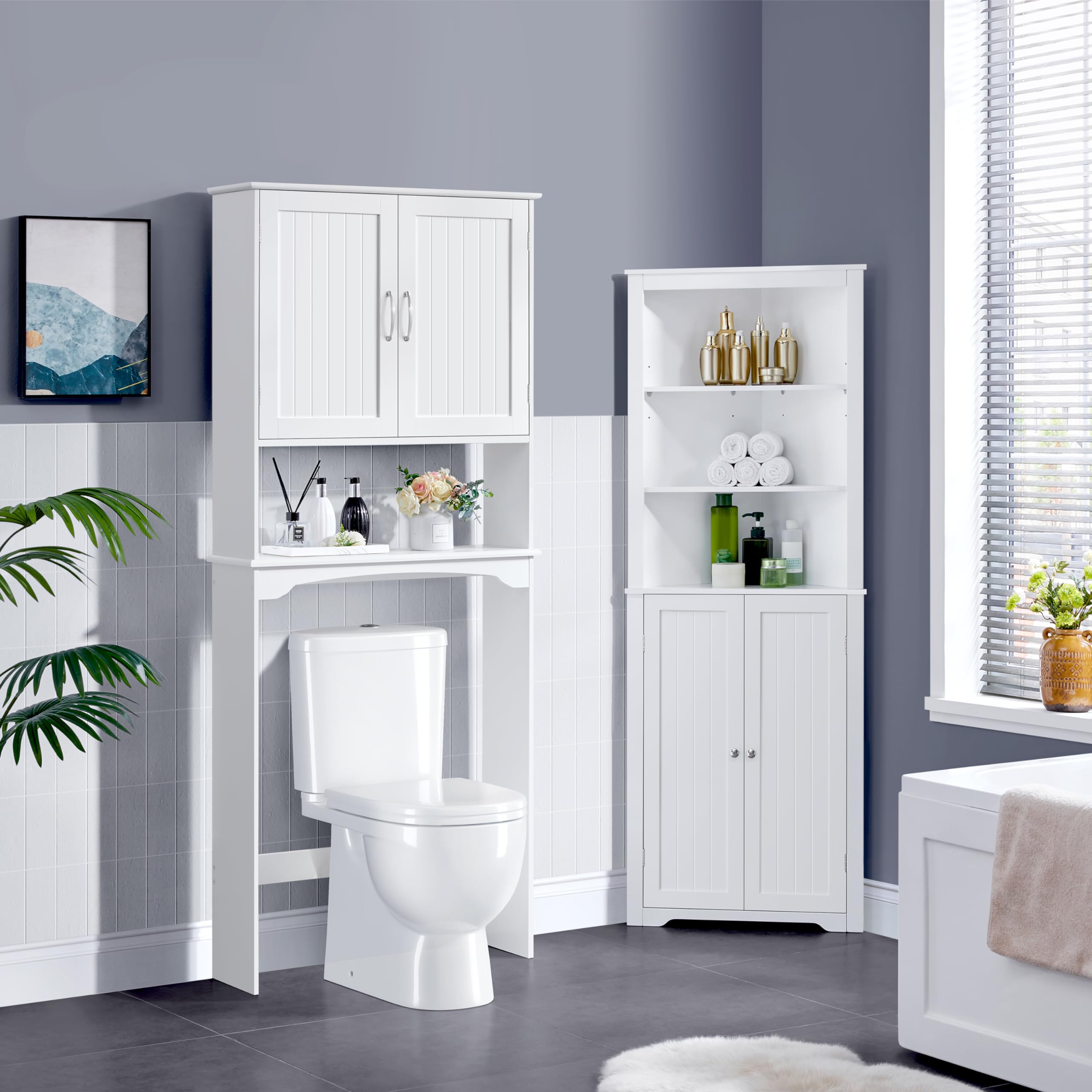 Yaheetech Meuble WC Dessus de Toilette/Machine à Laver, 75 x 23 x 180 cm, Armoire de Rangement de Salle de Bain avec 2 Étagères Réglables et 1 Compartiment Ouvert, Meuble Colonne sur Pied Blanc