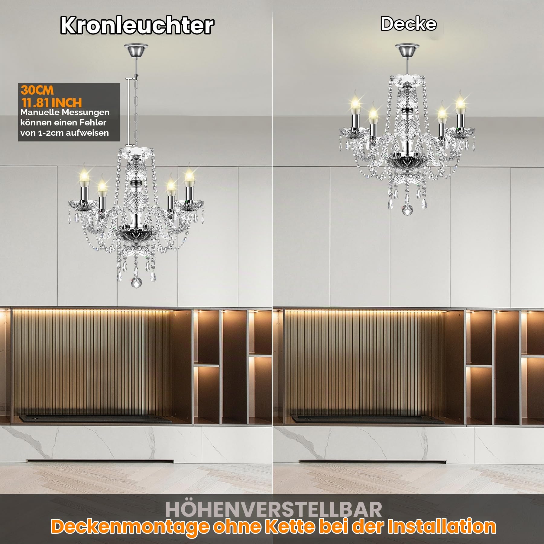 Moderner K5 Kristall-Kronleuchter, 4-flammig E14 Verstellbar Deckenleuchte für Wohnzimmer, Esszimmer, Restaurant & Hotel - Klar