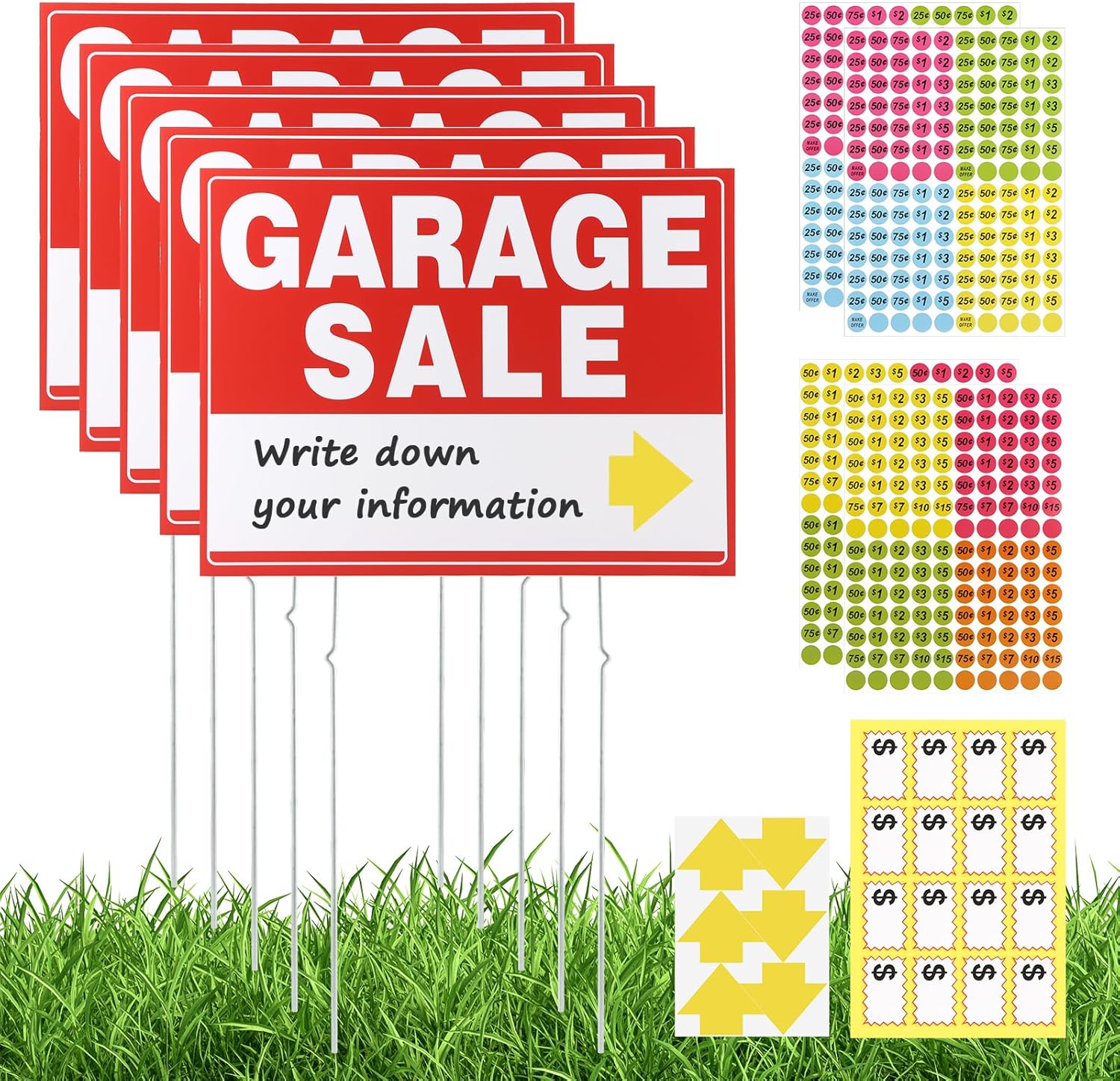 Garage Sale Signs, 5 Pack Estate Sale Signs Double-Sided Plastic Garage Sal-e Sign s With Stakes, 560 Yard Sales Price Stickers, Directional Arrows Sign, Garag-e Sale Supplies