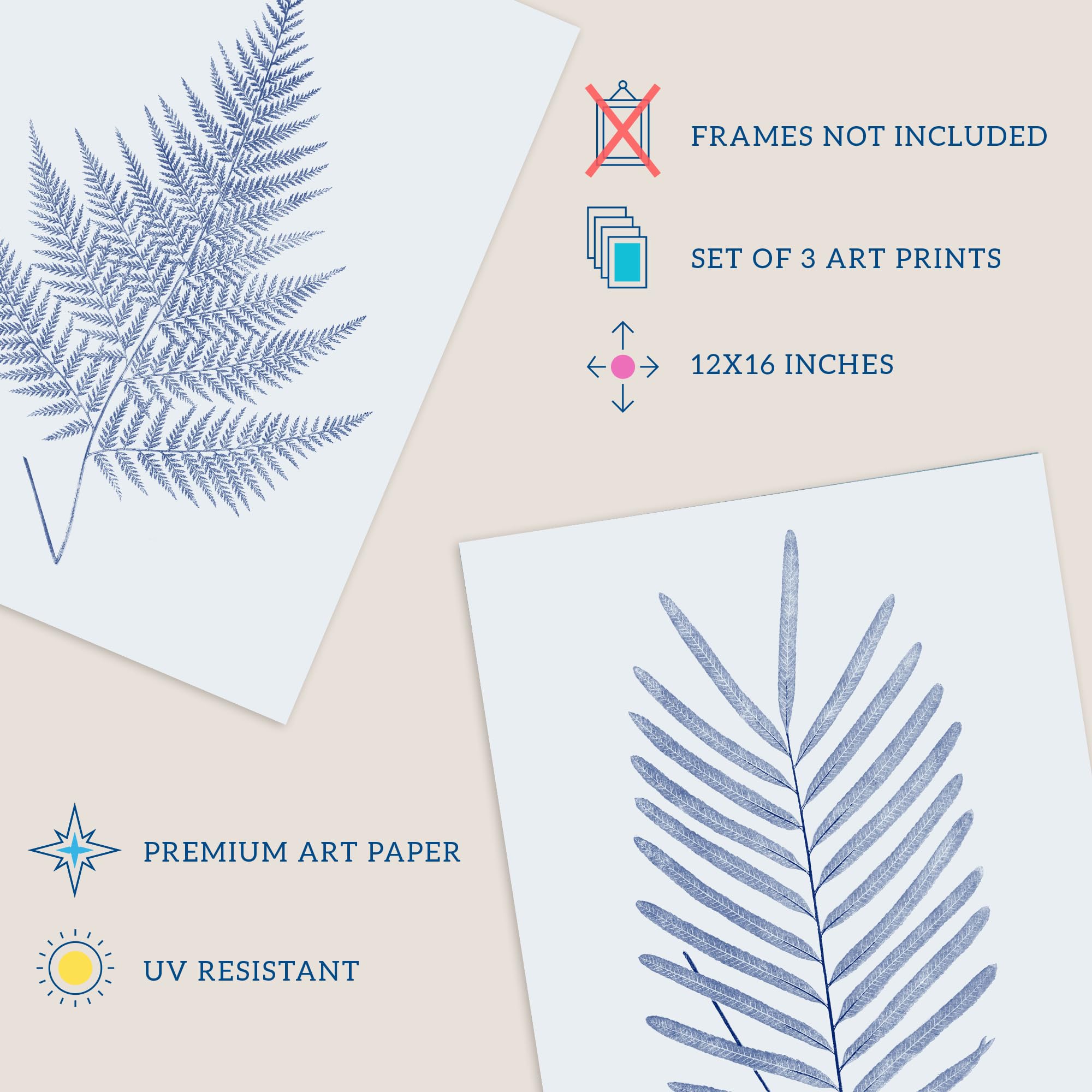 Wee Blue Coo Pack of 3 Elegant Calming Fern Leaf Frond Blue on Grey Detailed Foliage Imprint Botanical Unframed Wall Art Living Room Prints Set - Image 4