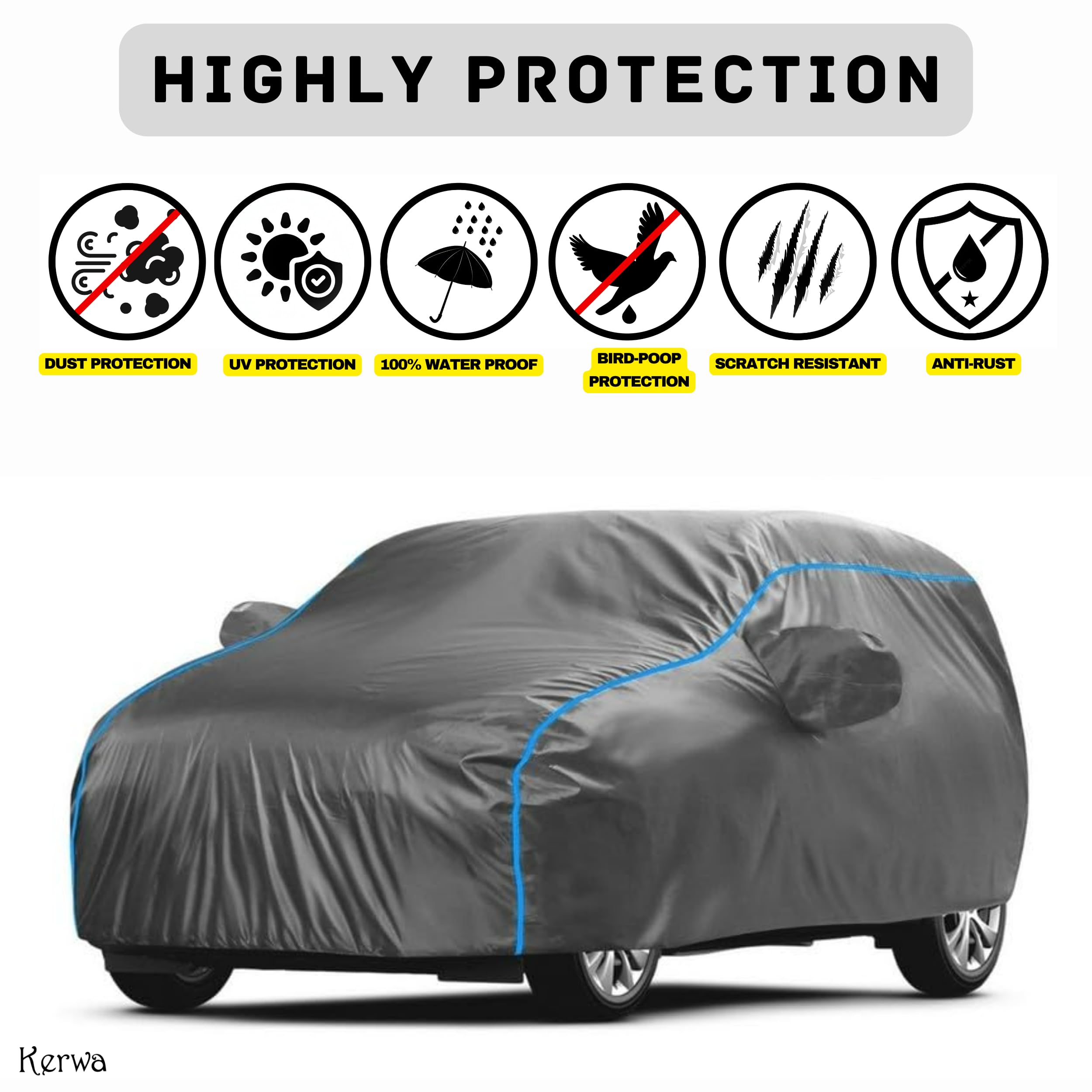 FAVY All-Weather Proof Car Cover for Hyundai Creta | UV, Dust, Scratch, and Water Resistant | Mirror Pockets | Triple-Stitched Design | Windproof Buckle Strap | Elastic Bottom for Secure Fit 3