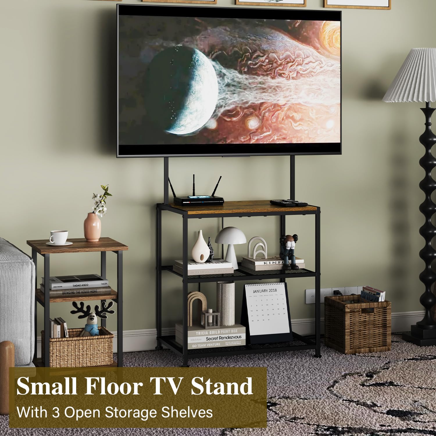 23 Inch to 50 Inch Floor Small Corner TV Stand with Storage Shelves for Living Room Bedroom, Universal Floor Television Stands with Mount, Brown TV Table Desk Shelf for Small Spaces,Patent Pending