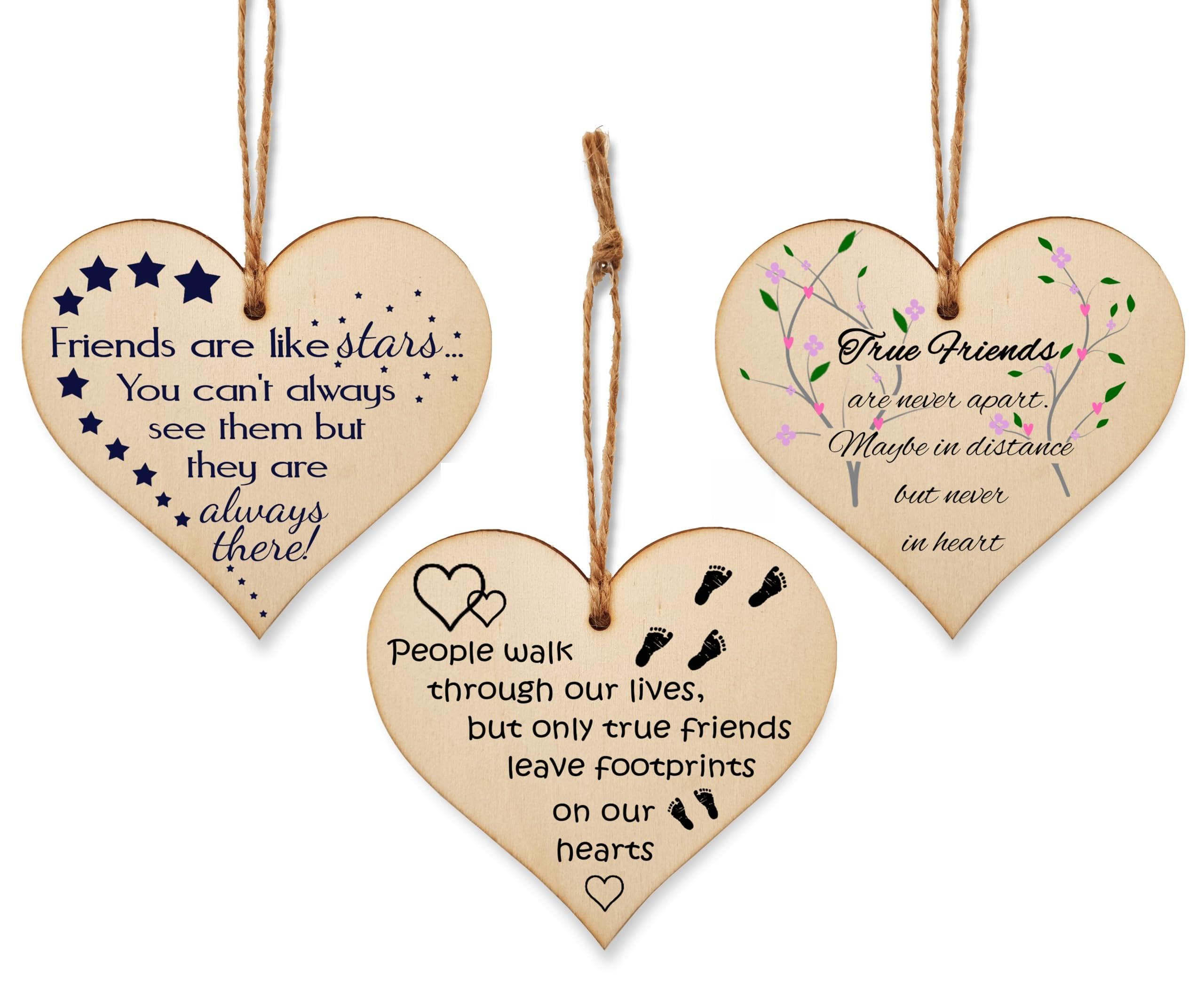 The Plum Penguin Multicolor Pack Of 3 Sentimental Friendship Gift Plaques – X3 Set Of Wooden Heart Hanging Signs With Uplifting Message – Best Friend, Colleague Or Bff Present – Rustic Twine, Ready To Post