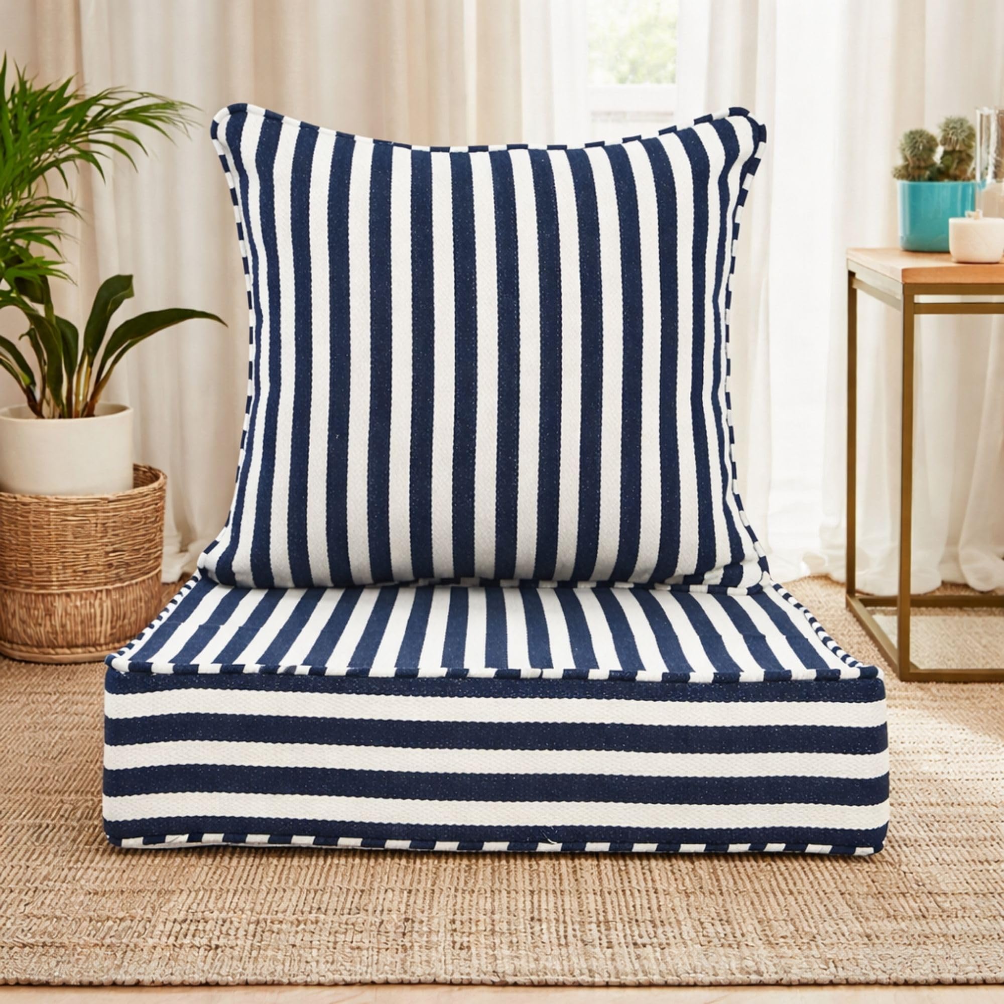 The Furnishers Multipurpose 60x60x8 CM Woven Fashionable High Densitiy Foam Cushion Set for Floor, Patio, Chair and Balcony Garden Seating - Navy Stripe Set, Large Size - 24x24x3 Inch