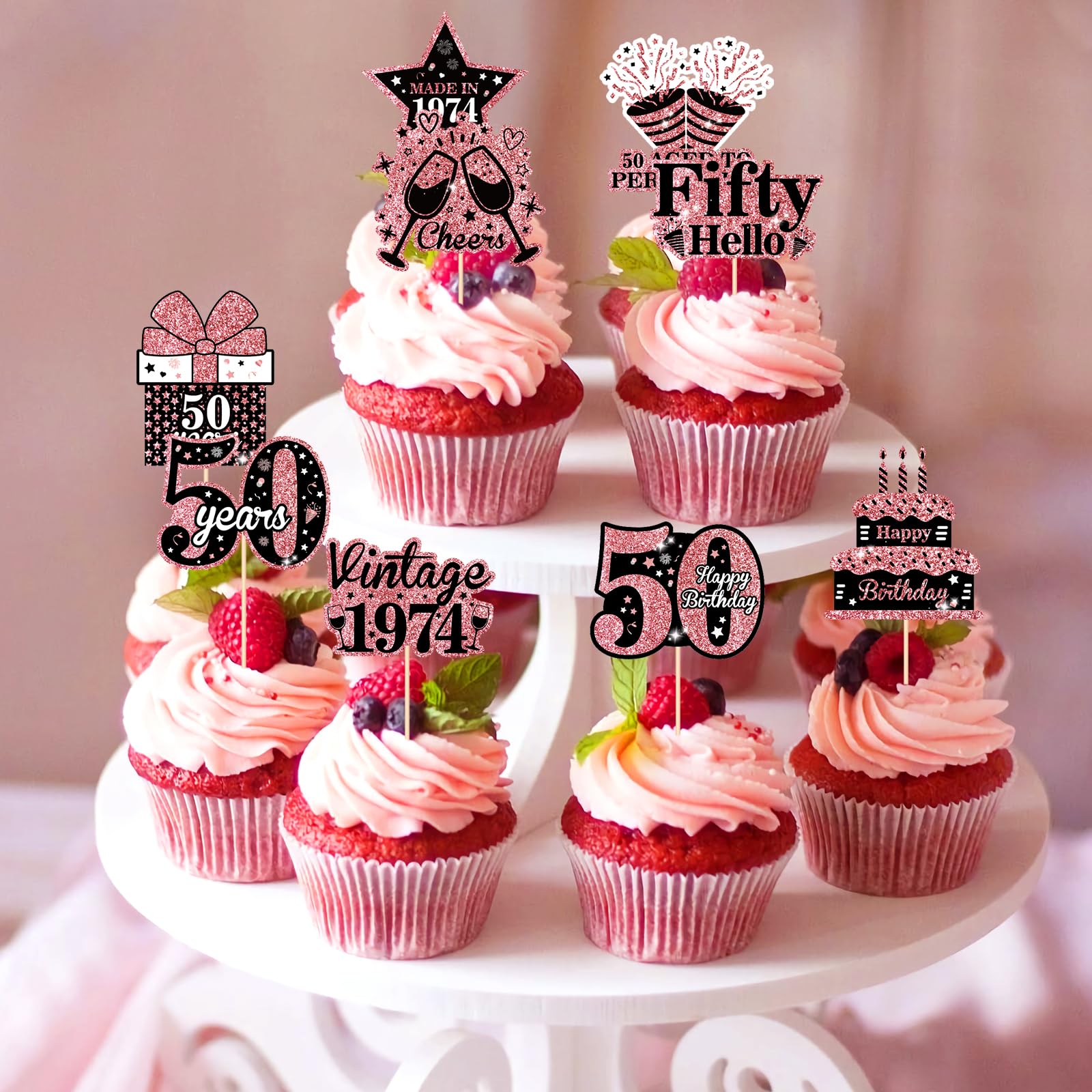 Gyufise 30 topper per cupcake vintage 1973 in oro rosa con glitter