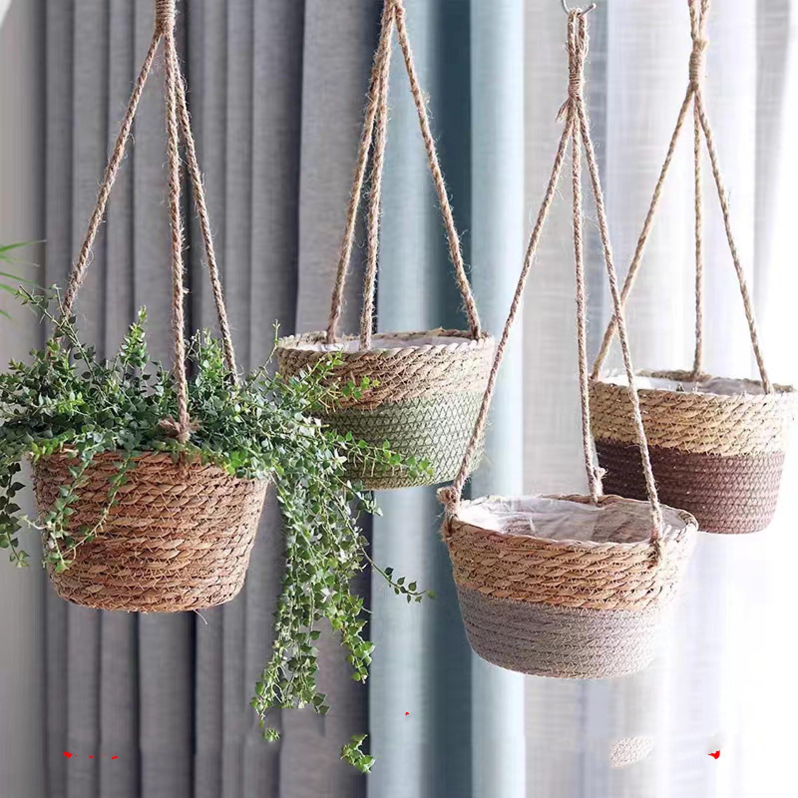 Tissage suspendu en paille naturelle, lot de 4 paniers de fleurs