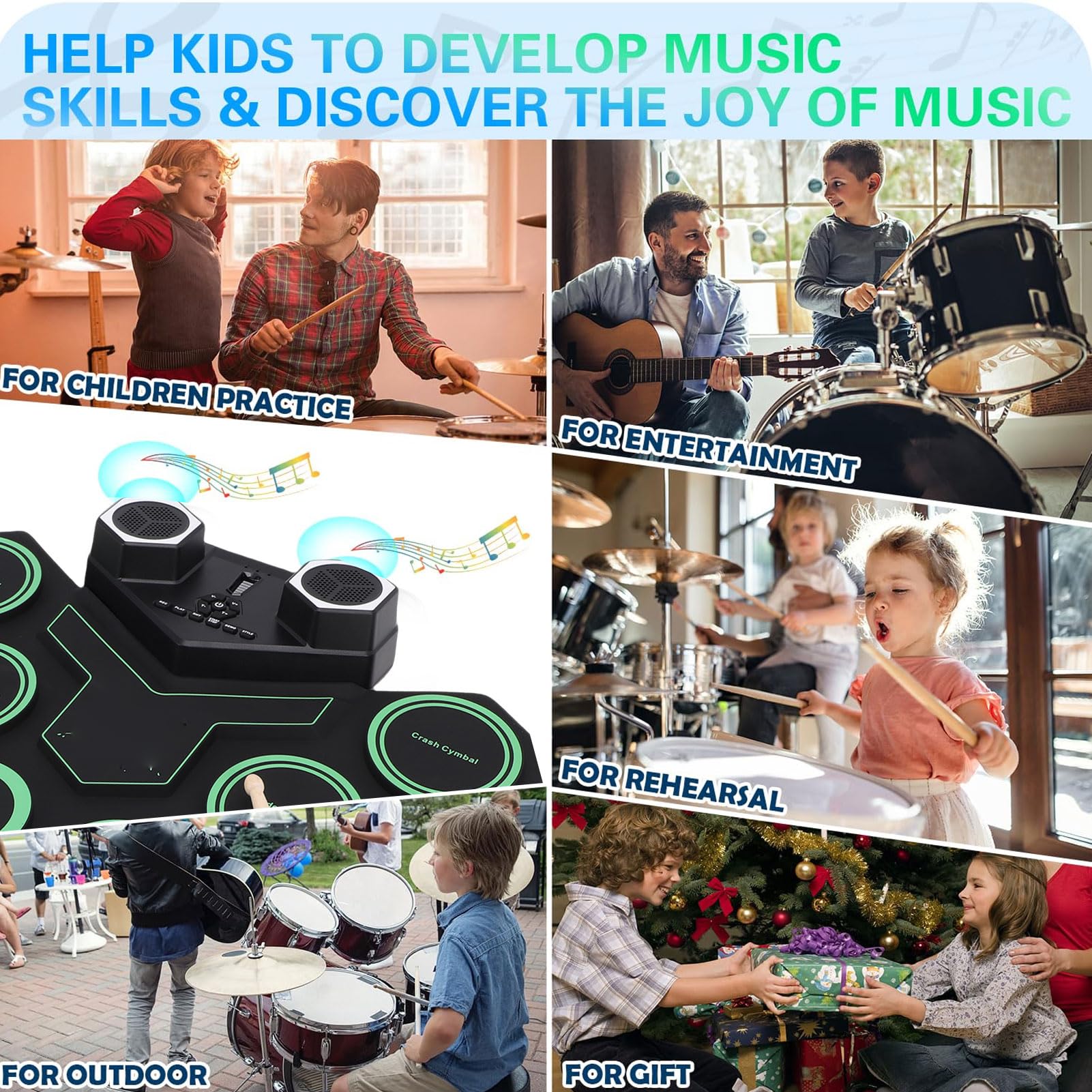 Bluetooth-E-Drum-Pad, Roll-Up-Drum-Set mit Demo-Song, Rhythmussteuerung, LED-Leuchten, Integrierte Dual-Lautsprecher, Ideal für Anfänger und Professionelle Schlagzeuger