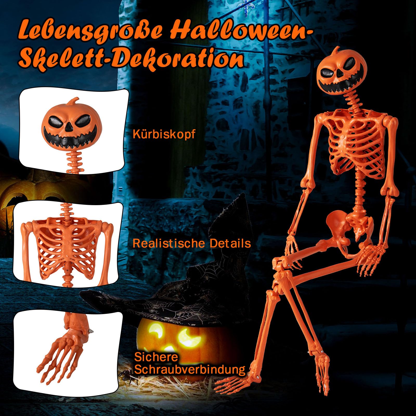 COSTWAY Halloween Deko Skelett, 158 cm, Skelette Kürbis mit beweglichen Gelenken & Seil, Lebensgroße Halloween Dekoration, Plastik, für drinnen, draußen, Friedhofspartys und Spukhaus-Partys, Orange