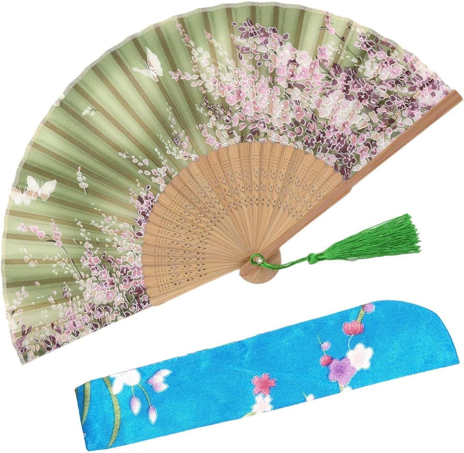 OMyTea "Sakura Chinese/Japanese Women Hand Held Silk Folding Fans with Bamboo Frame - With a Fabric Sleeve for Protection (WZS-6)