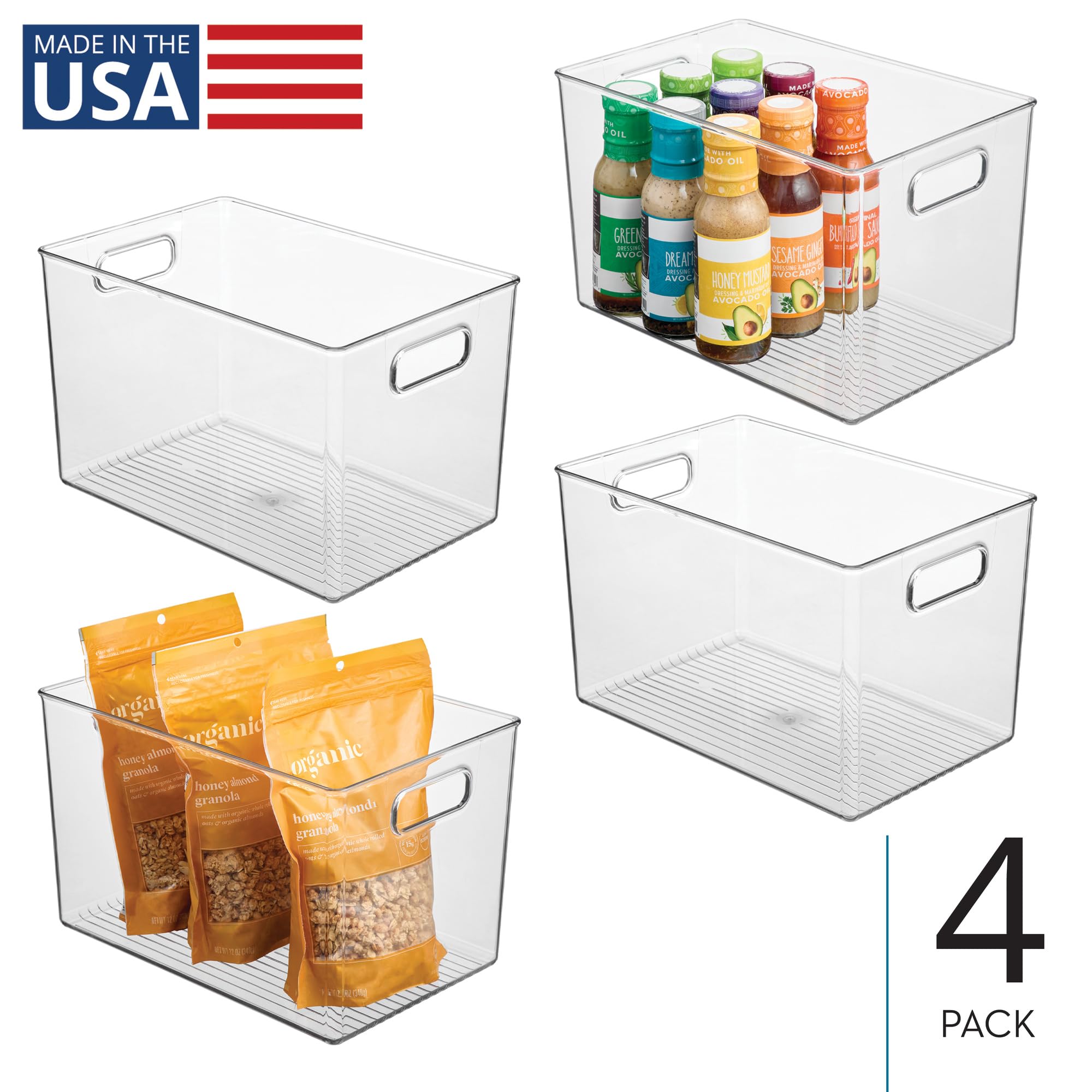 InterDesign iDesign - Contenitori portaoggetti con manici, per cucina, dispensa, bagno o casa, ufficio, set da 4, trasparenti
