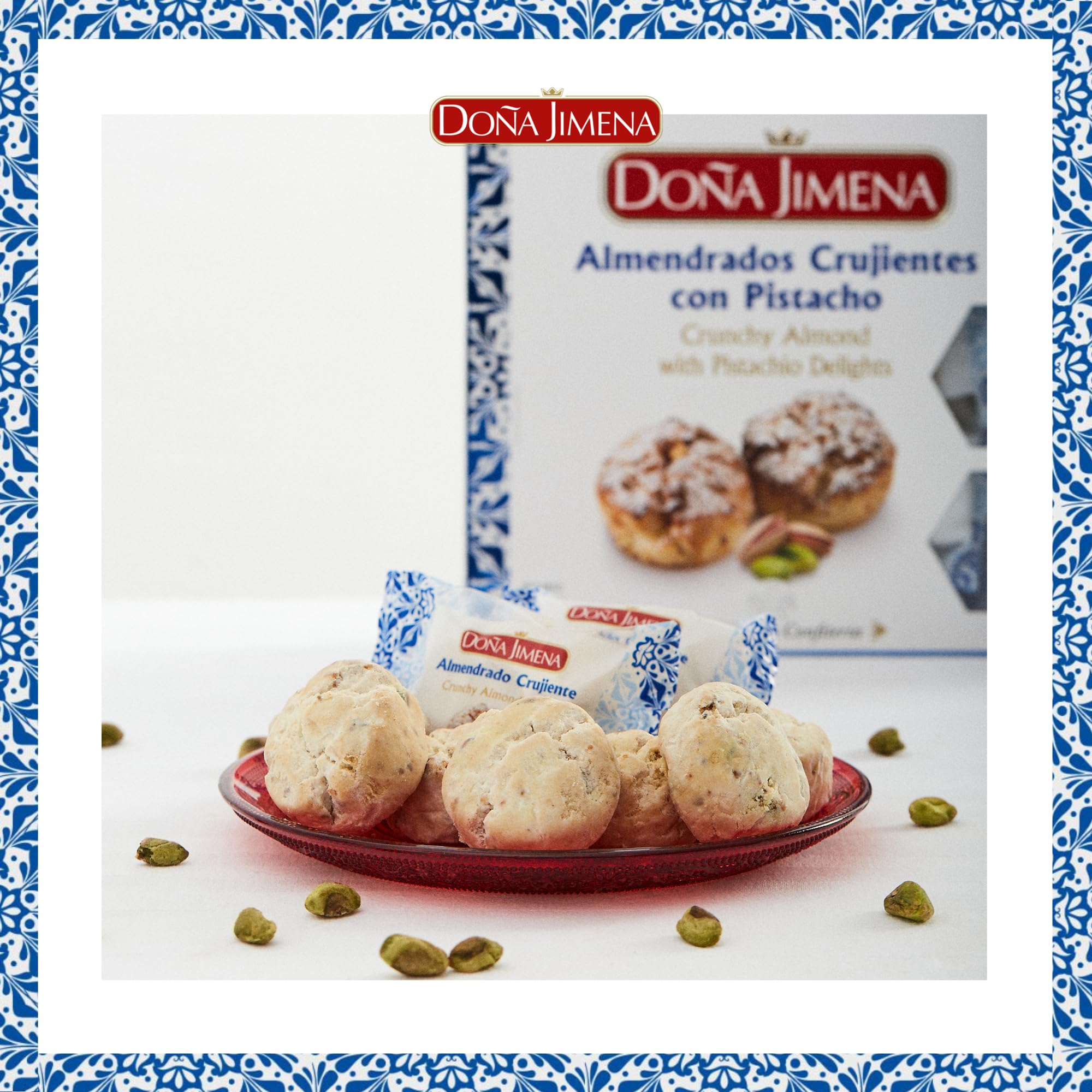 DOÑA JIMENA - Almendrados Crujientes con Pistacho, 200 g, Textura Crujiente con Pistacho y Almendra Tostada, Envasados Individualmente, Dulce Tradicional Español, Calidad Suprema