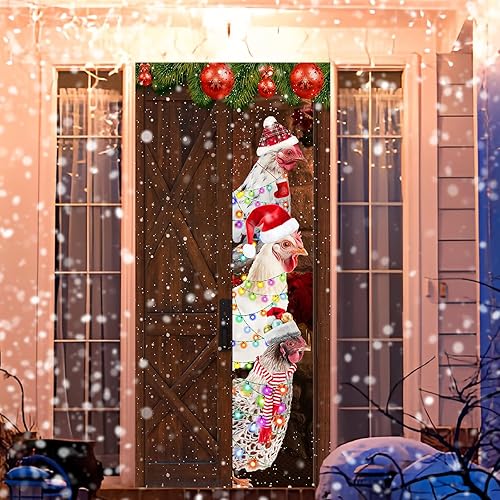 Miniatura 6 de Decoración de cubierta de puerta de Navidad, decoración de pancarta de cubierta de puerta delantera de Navidad de pollo, pancarta de tela divertida