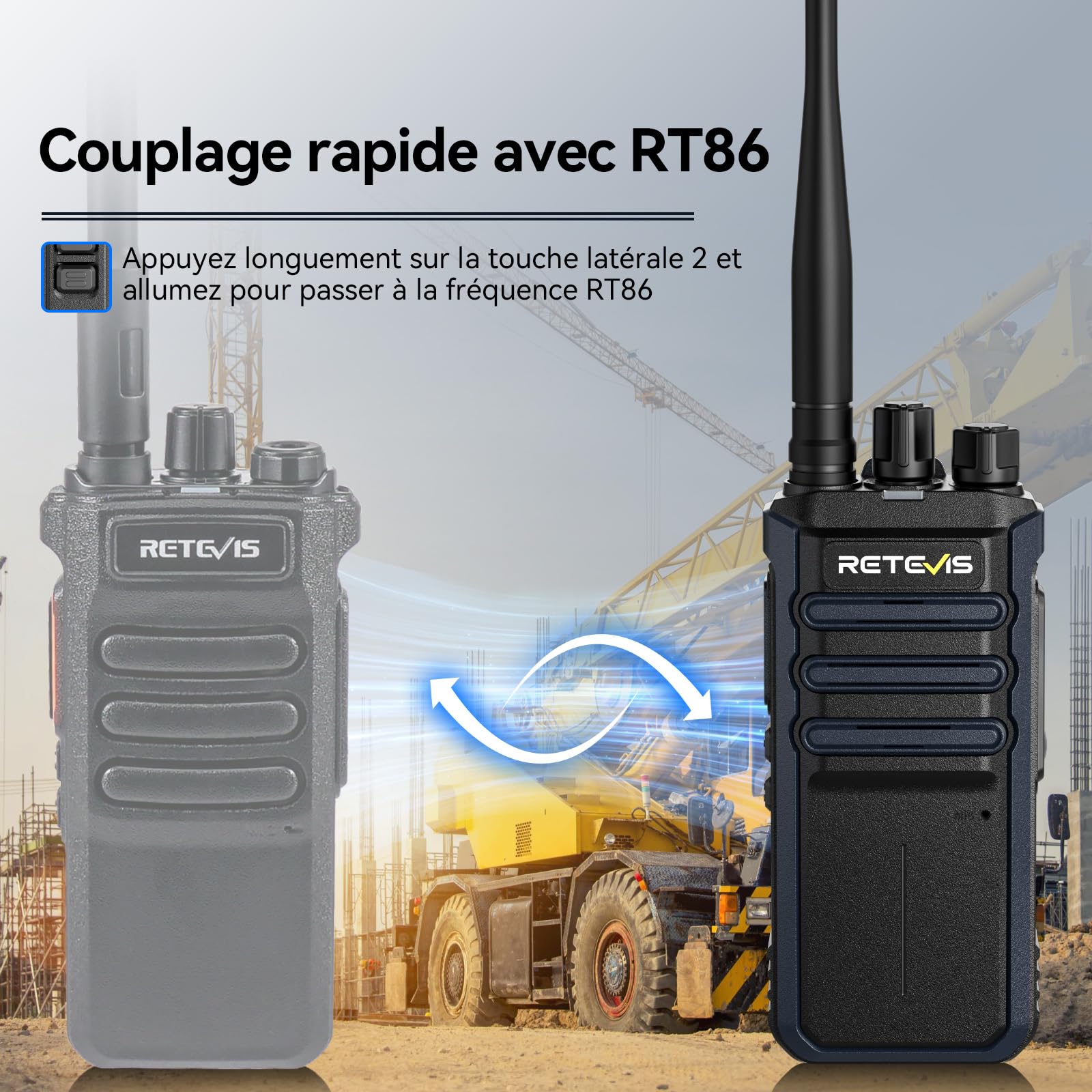 Retevis RT86A Radios Bidirectionnelles Longue Portée, Talkie Walkie Professionnel, 2500mAh, Talkie Walkie Rechargeable pour Chantiers et Transport (4Pcs)