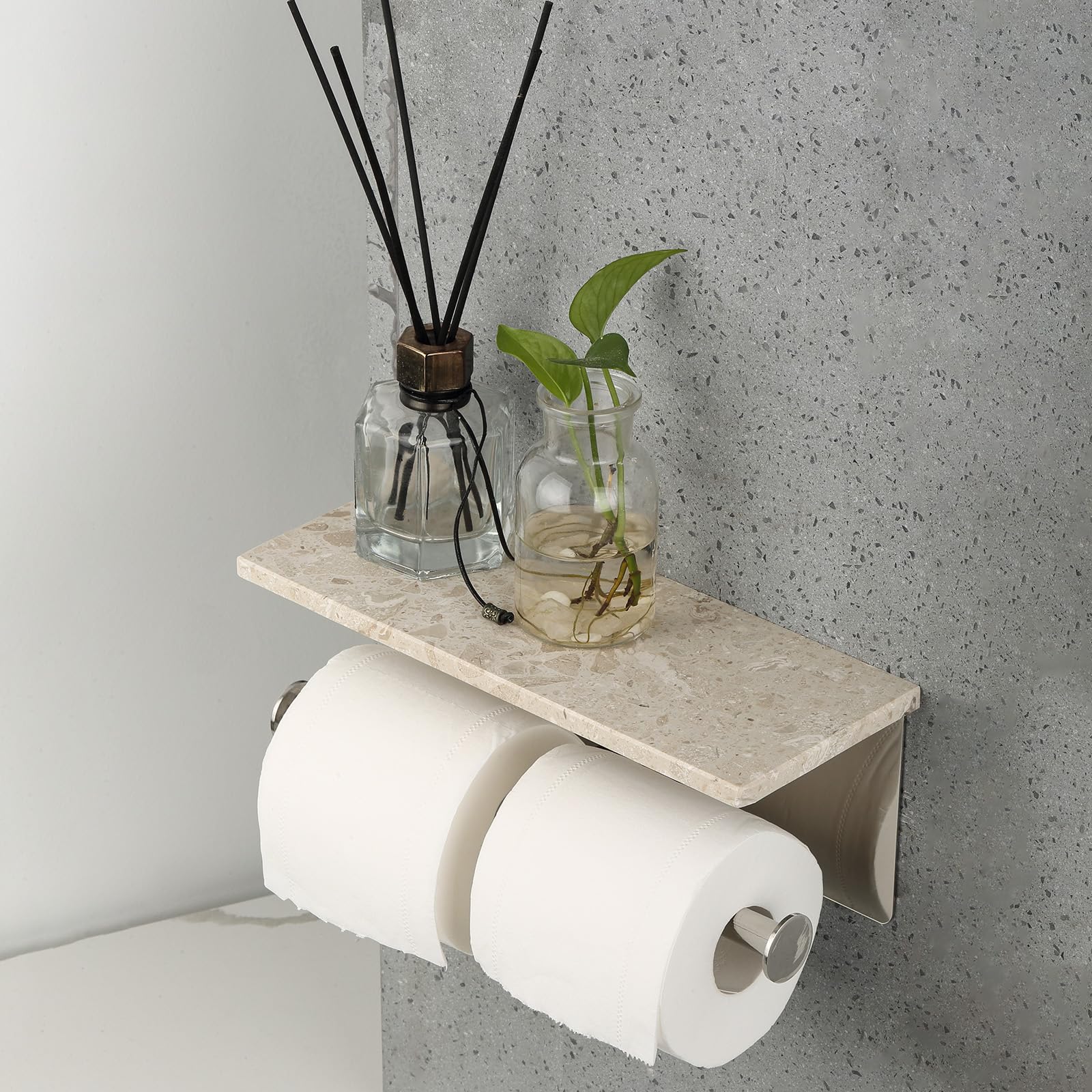 Koville Toilettenpapierhalter Mit Marmor-Regal – Wandmontage, Gebürstetes Metall, Perlato Appia Marmor